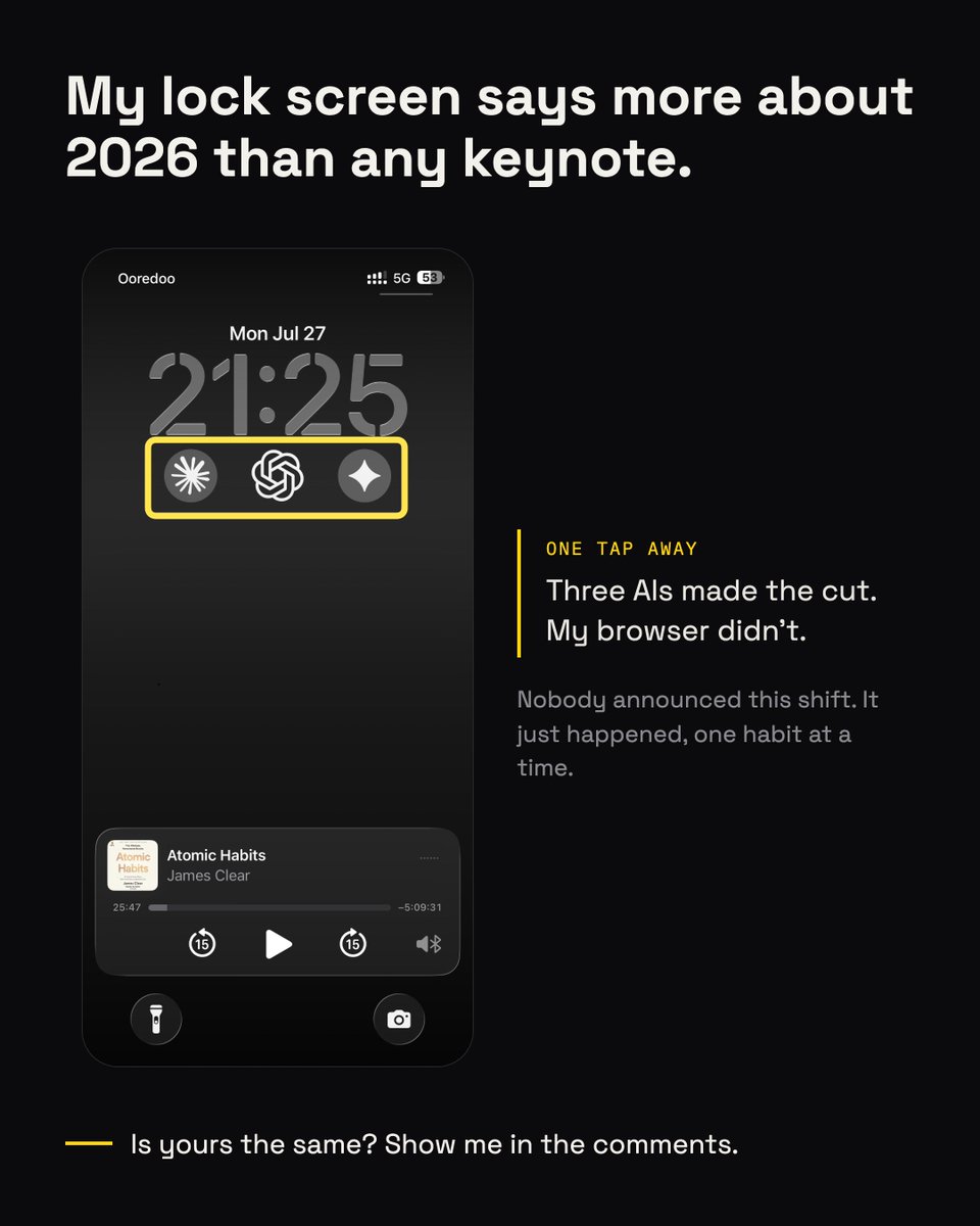 rasityakisir's tweet photo. 2010: the best pixel on your phone was a search bar. 2026: it's an AI. Three of them. Which one made your lock screen? https://t.co/vZQYxDXQTI
