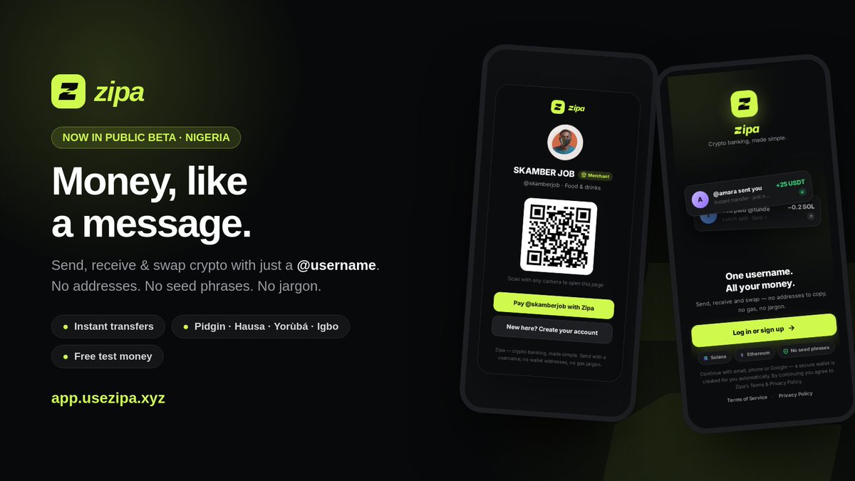 usezipa's tweet photo. Say hello to Zipa 👋🇳🇬

A crypto banking app where you send money like a message — with a @ username, not a 44-character address.

✅ Send, receive & swap instantly ✅ Real wallets — no seed phrases, ever ✅ Speaks Pidgin, Hausa, Yorùbá & Igbo ✅ Free test money to try everything

We're in public beta on test networks — real rails come with licensing. Come break it and tell us wetin you think 😄
👉 https://t.co/cwxPiidKNi