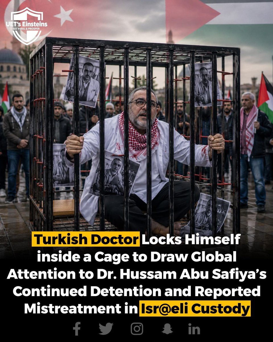 Kemalsaglamart1's tweet photo. 🤔 Türkiye Basını Sus Pusken;

YABANCI BASIN ❗️👇

Türk doktor, Dr. Hüseyin Ebu Safiya'nın İsrail nezaretinde tutuklu kalmasına ve kötü muameleye maruz kaldığına dair iddialara küresel dikkat çekmek amacıyla halka açık bir protesto gösterisi düzenleyerek kendini bir kafese kilitledi.

 Gösteri, daha fazla uluslararası farkındalık yaratmak ve serbest bırakılması çağrılarını iletmek için yapıldı. #FreeDrHussamAbuSafiya❤️‍🩹