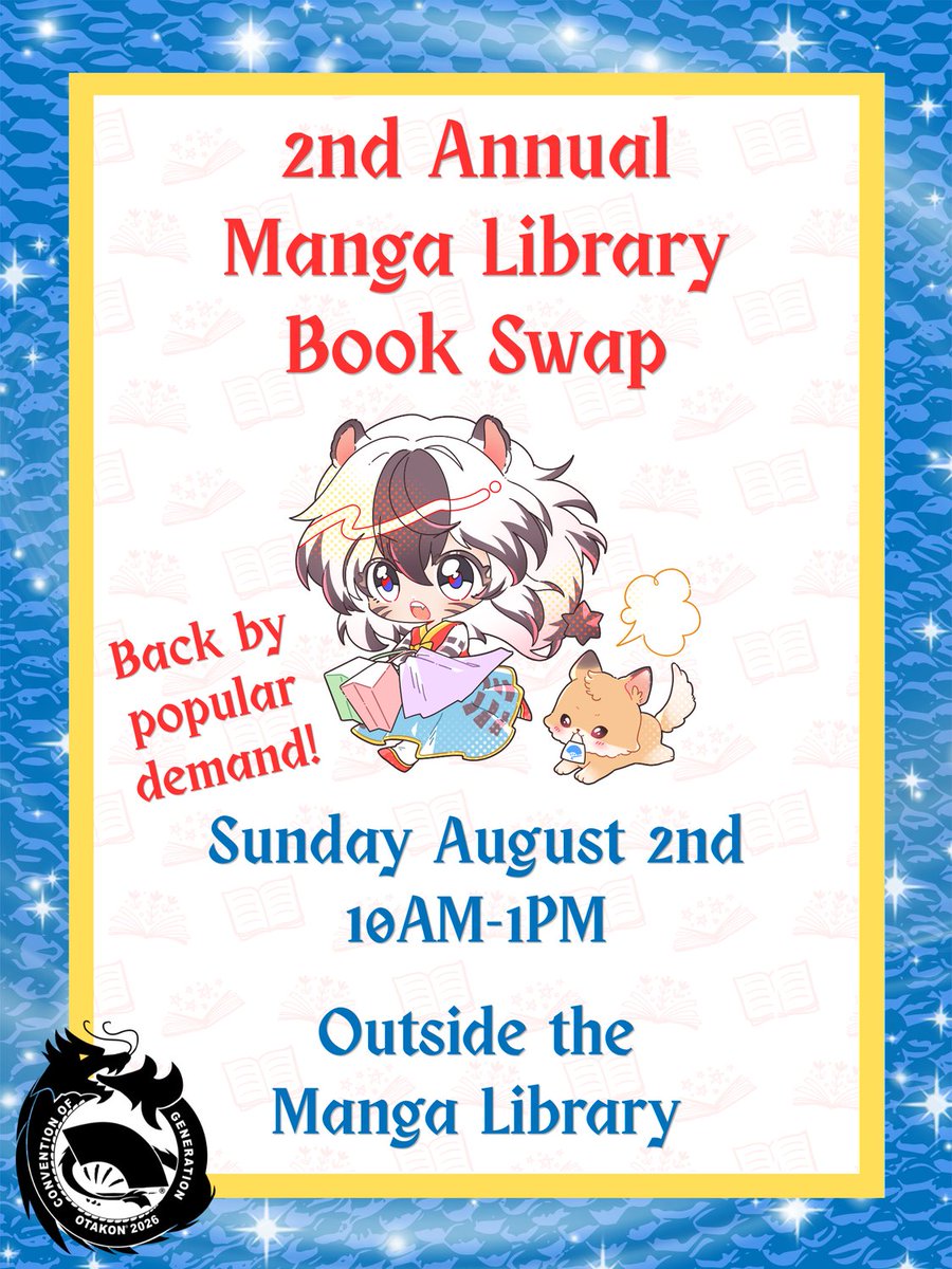 Otakon's tweet photo. Back by popular demand! The Manga Library is hosting their 2nd Annual Book Swap on Sunday (8/2) from 10 AM - 1 PM outside the Manga Library. Members can swap any manga or manhwa on a 1-for-1 trade at the Book Swap table.

#Otakon2026 https://t.co/Wjuj82Yets