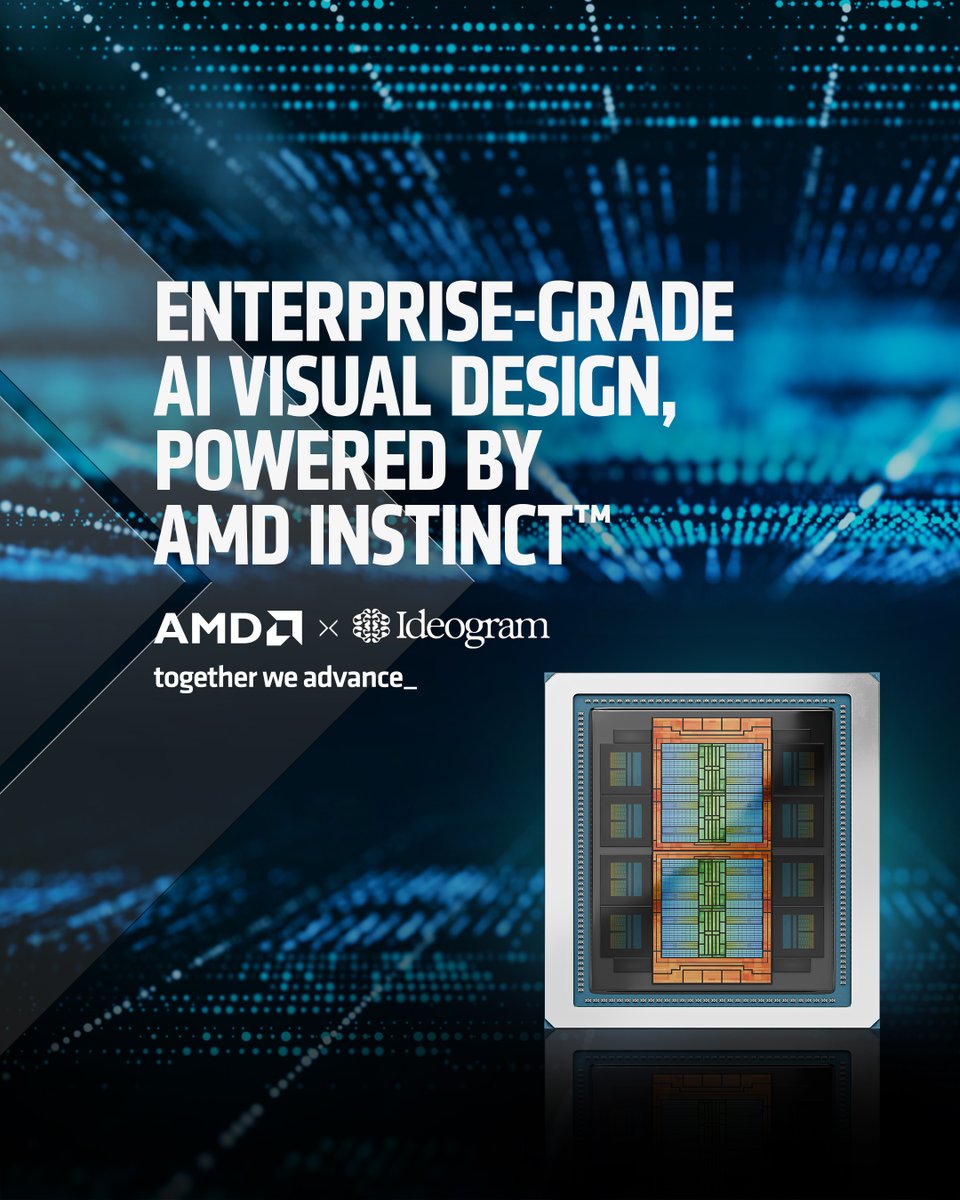 AMDServer's tweet photo. Enterprise-grade AI visual design, powered by AMD Instinct.

Ideogram just released Ideogram 4.0, a 9.3B-parameter open-weight Diffusion Transformer that outperforms all open-weight image models in LMArena and Design Arena, with a 0.97 X-Omni English OCR text-rendering score (vs. an industry average of 0.30–0.50). 

The engine behind it? AMD Instinct MI350X GPUs, 288 GB of HBM3 memory and 8 TB/s of bandwidth, delivering the throughput enterprise diffusion workloads demand. 

Read how @ideogram_ai and AMD are scaling production-grade visual AI from millions to billions of images per month 👉 https://t.co/KkmLfk6BaP