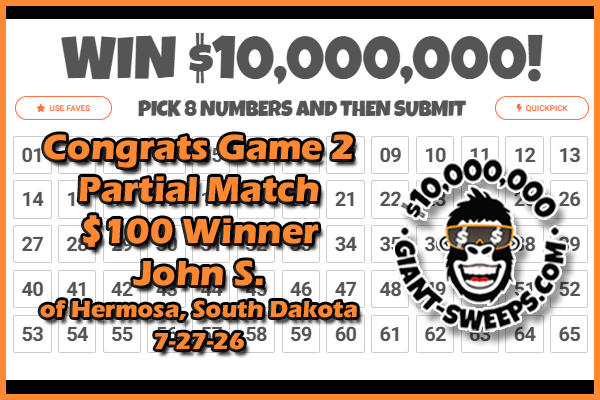 realgiantsweeps's tweet photo. Congrats, Game 2 Partial Match $100 #Winner John S. of Hermosa, South Dakota, 7-27-26!🥳🏆💸

🐒Get in the free #games to #win up to $10,000,000 with Giant-Sweeps! 
👉Play Now: https://t.co/WdAgILkwaH https://t.co/XRbGnff65F