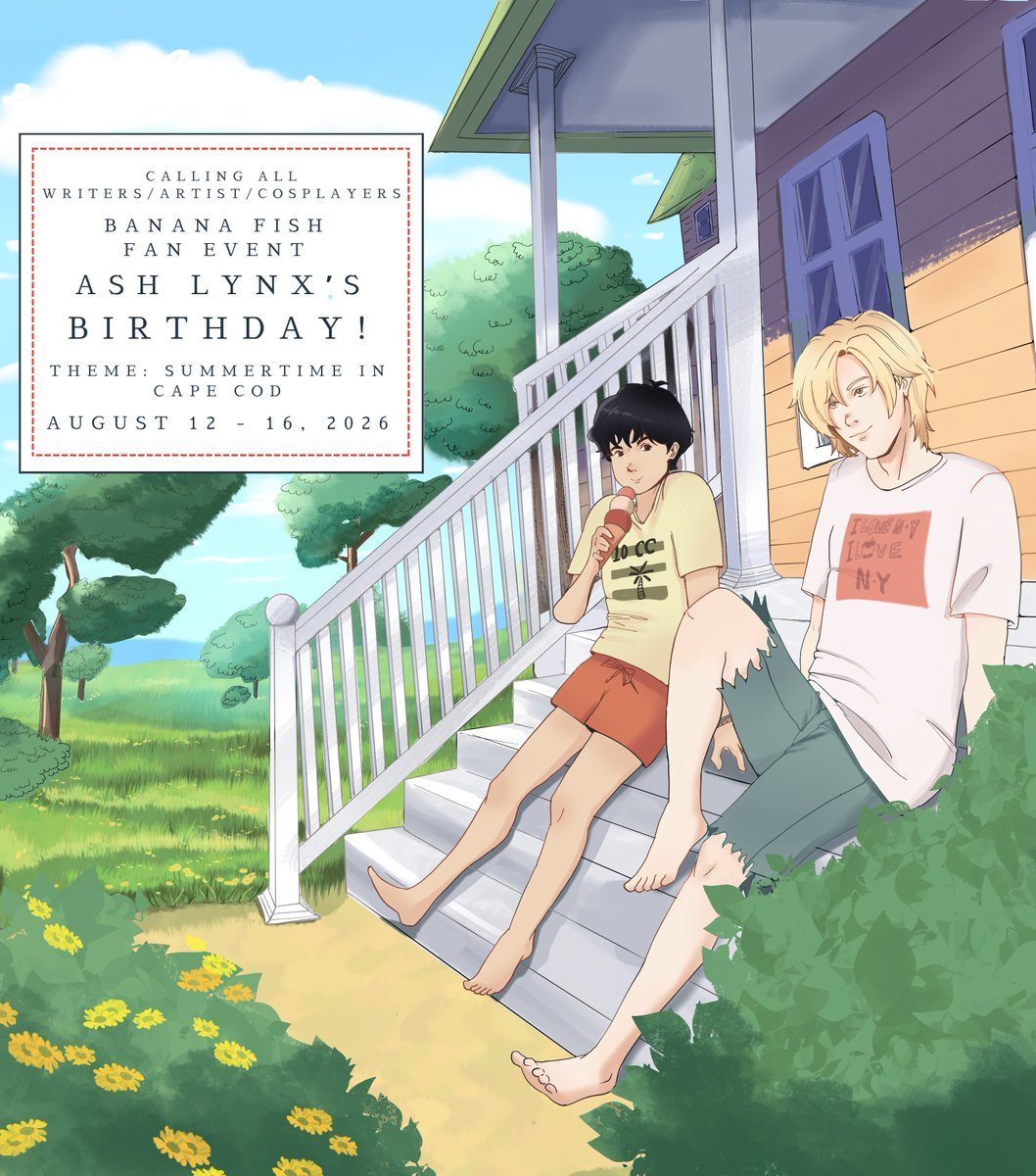 incorrectbfish's tweet photo. #BANANAFISH: ASH LYNX BIRTHDAY EVENT SOON! Inviting all artists/writers/cosplayers to this event from Aug 12-16, 2026.

- Theme: "Summertime in Cape Cod" 
- Tag us &amp; use hashtag #hbdAshLynx when you post your creation.  

poster by @Artaccountidk 
CHECK THE TWEET BELOW FOR INFO! https://t.co/KLV3GwimkT