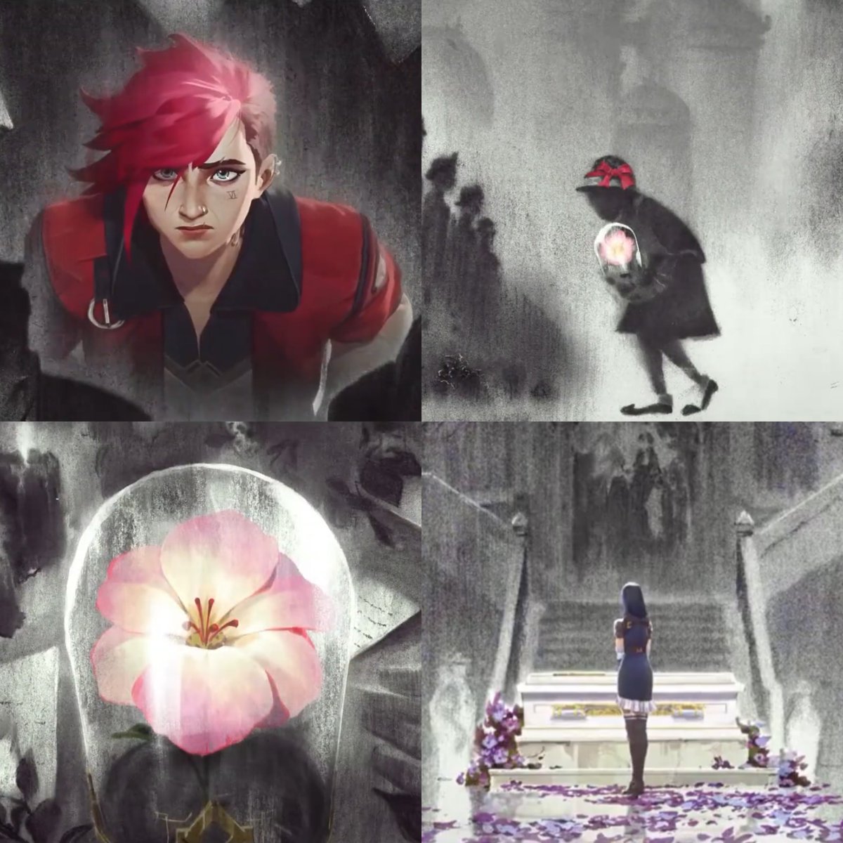 viarcanelvr's tweet photo. the things that aren’t black and white in cait’s griefing times: vi, things that are vi’s haircolor, violet colored petals. https://t.co/nRDy2SyFJ7