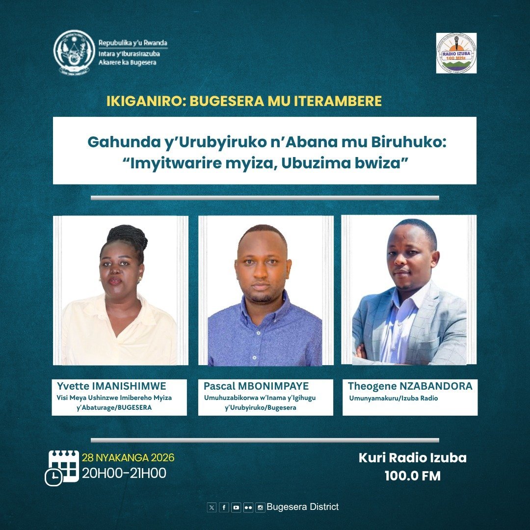 bugeserayouth's tweet photo. #BiriKuba: Umuhuzabikorwa wa @bugeserayouth, @Pascal_Mboni n'Umuyobozi w'Akarere Wungirije Ushinzwe Imibereho Myiza y'Abaturage, @YImanishimwe bari mu kiganiro kuri @izubaradio_tv 100 FM bavuga kuri gahunda y'Abana n'Urubyiruko mu Biruhuko: "Imyitwarire myiza, Ubuzima Bwiza." https://t.co/y62s8kfx1Z