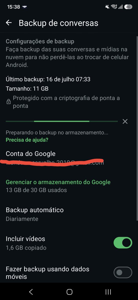 WendsonCarvalho's tweet photo. @tehtis @Meta O seu está assim também? Desde o dia 16 o meu só fica nesse "preparando o backup no armazenamento do google". https://t.co/MdQdqde70n