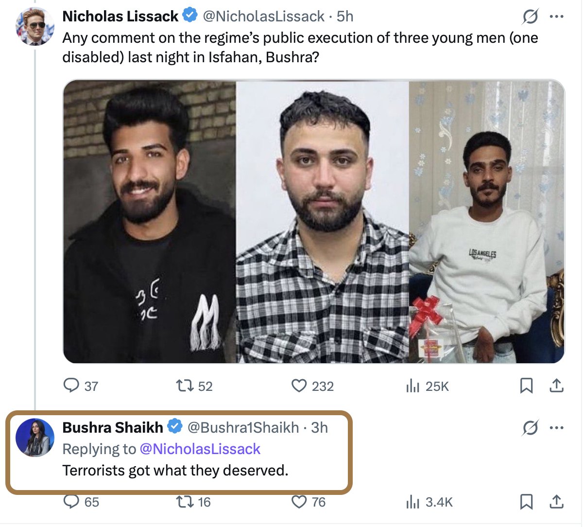 Savakzadeh's tweet photo. Dear @elonmusk & @nikitabier @x

This terrorist propagandist is openly using 𝕏, not for freedom of speech or to share her opinions, but to exclusively spread lies and deceive people, while also cashing in.

Here you can see how she's whitewashing the act of hanging three young boys by calling them terrorists. 
She also lies and claims she has seen the footage (when she was in Iran) and that "it was horrific."

NO SUCH FOOTAGE EVEN EXISTS!

This person is spreading IRGC propaganda, and by doing so she's spreading hatred, lies, and indirectly promoting terrorism and jihadism.

Also, she pretends to be beautiful, catfishing everyone with her filters, when she actually looks like the bottom of a used prison mopp

Please do something about it 🙏🏼