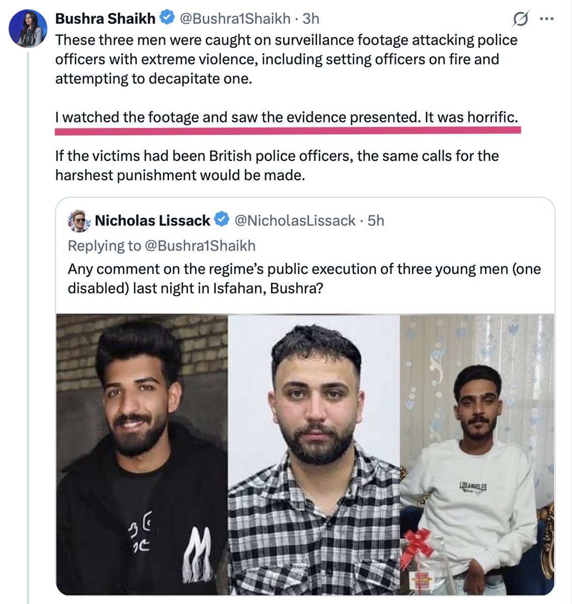 Savakzadeh's tweet photo. Dear @elonmusk & @nikitabier @x

This terrorist propagandist is openly using 𝕏, not for freedom of speech or to share her opinions, but to exclusively spread lies and deceive people, while also cashing in.

Here you can see how she's whitewashing the act of hanging three young boys by calling them terrorists. 
She also lies and claims she has seen the footage (when she was in Iran) and that "it was horrific."

NO SUCH FOOTAGE EVEN EXISTS!

This person is spreading IRGC propaganda, and by doing so she's spreading hatred, lies, and indirectly promoting terrorism and jihadism.

Also, she pretends to be beautiful, catfishing everyone with her filters, when she actually looks like the bottom of a used prison mopp

Please do something about it 🙏🏼