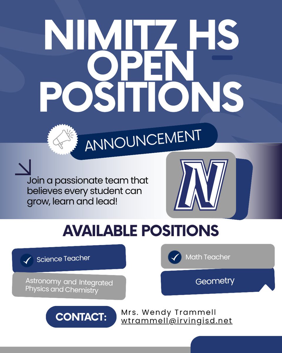 NimitzVikings's tweet photo. Come join our amazing team at Nimitz HS! We're looking for a Science and Math teacher. 

✉️wtrammell@irvingisd.net 
📍Nimitz High School https://t.co/TvSWRSdXTi