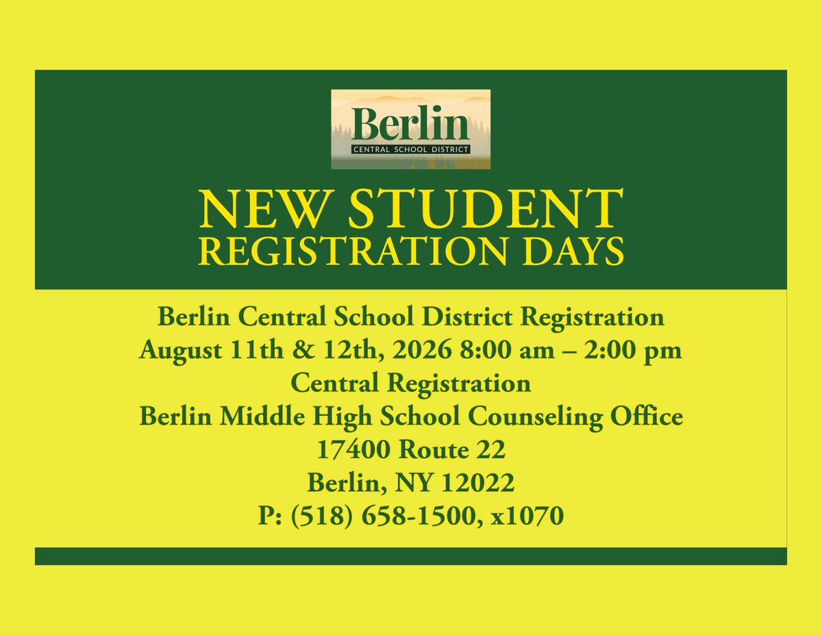 BerlinCSD's tweet photo. New Student Registration Days 8/11 &amp; 8/12
In-Person Registration Days: August 11th &amp; 12th, 2026, 8:00 am – 2:00 pm. Registration for new students in kindergarten – 12th grade. Please call the District Registrar at 658-1500, ext. 1070 with questions. https://t.co/GhrhxcUL6g https://t.co/p3uveaKGwh