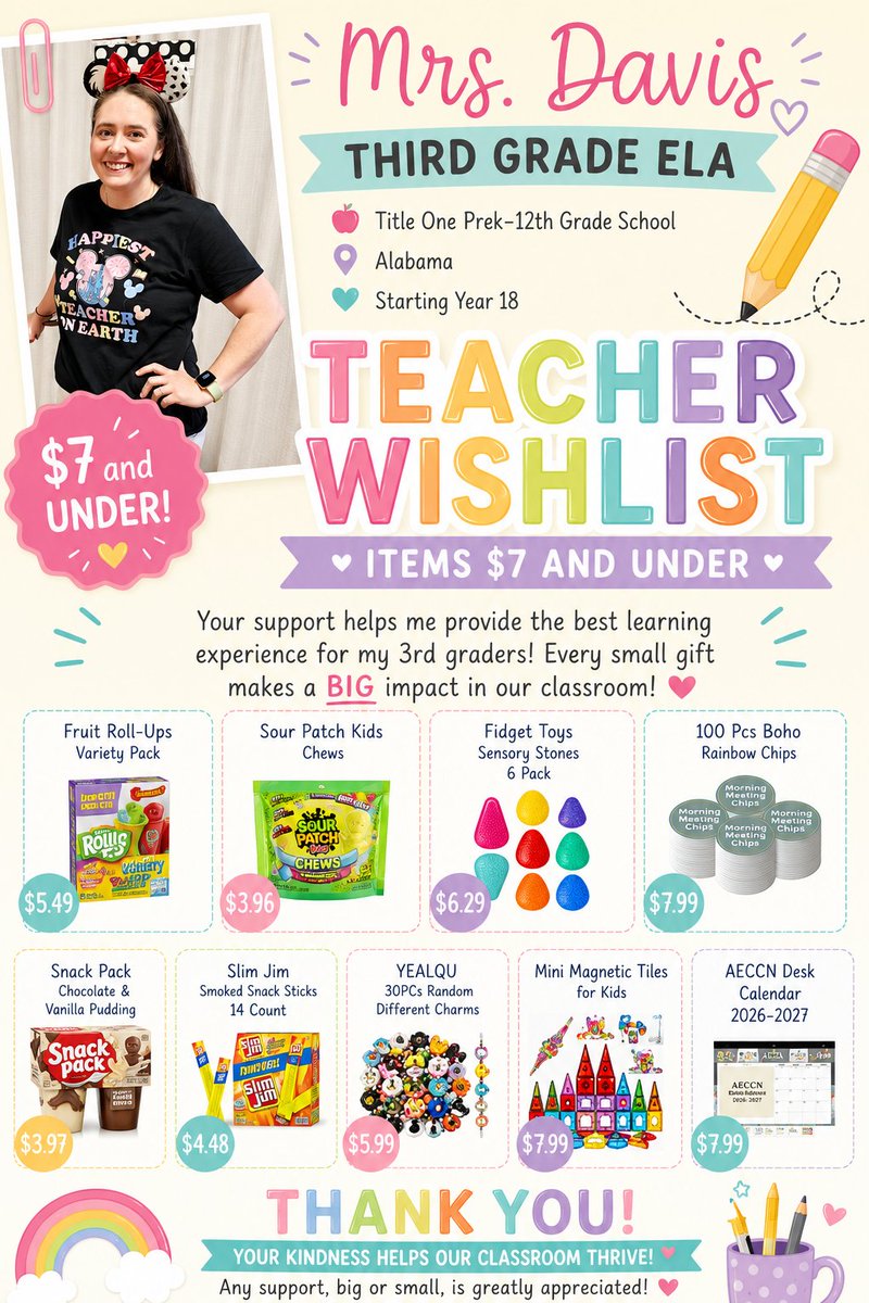 megan92985's tweet photo. @_MomNeedsaBreak 👋🏻 I'm a Third Grade ELA Teacher at a small town Title One School in Alabama. I'm hoping to get some snacks for those in need, games for indoor recess, and of course, some teacher supplies.  🖤💛

https://t.co/yrq4hS09lc https://t.co/Y8jfMIiYOc