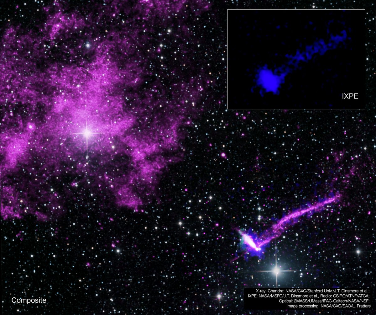 NASAUniverse's tweet photo. What gives this cosmic lighthouse its checkmark shape? Our IXPE telescope studied the pulsar within the Lighthouse Nebula and its turbulent outflows, confirming a 2008 theory that its long, thin filament is shaped by the galaxy’s magnetic fields. More: https://t.co/D6cgMoVOlT https://t.co/xeRcckbNEC