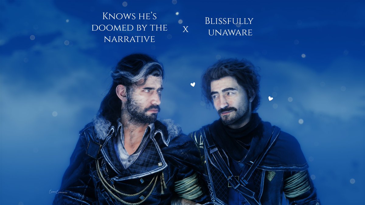 lunaluminae's tweet photo. #Verstave doomed by the narrative. 

Okay, alright... I got inspired directly by the quoted picture so I had to do this.😭

#Verso #Gustave #ClairObscurExpedition33 #VirtualPhotography #VP #E33 https://t.co/nl8D4XP8vd