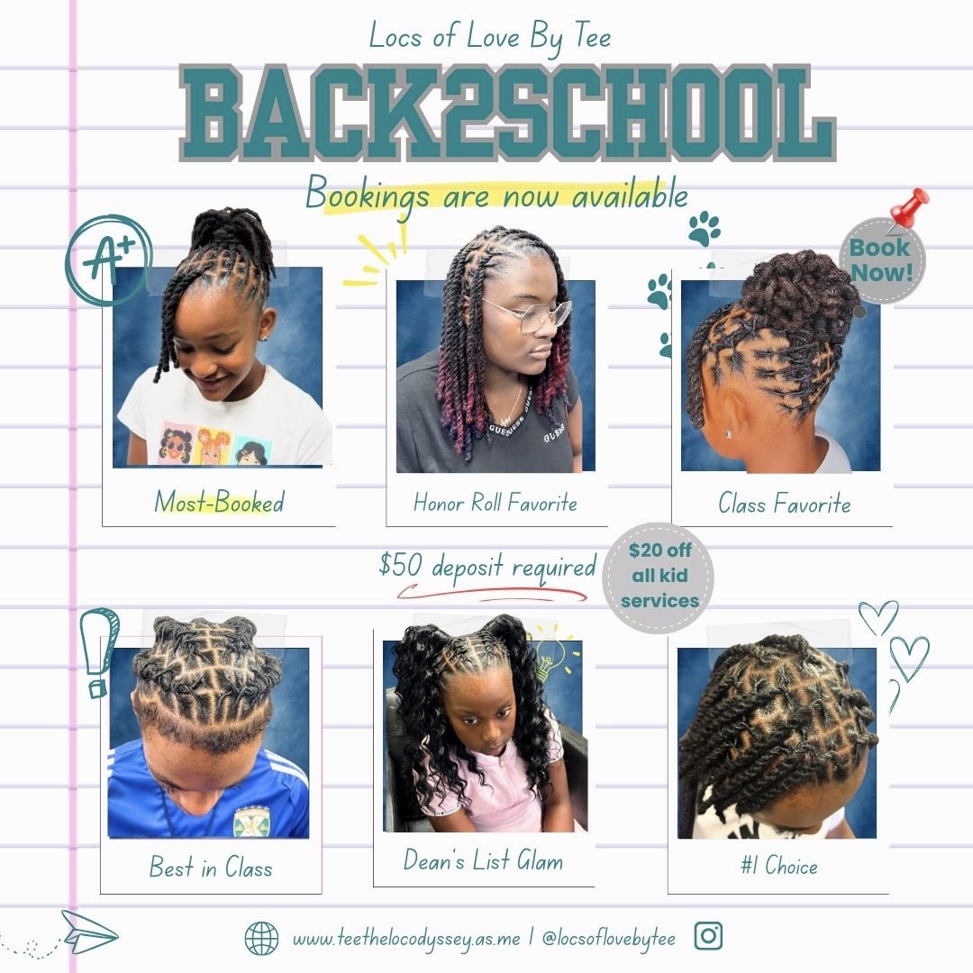 locsoflovebytee's tweet photo. 📚 back to school sale!

$20 off kids’ loc services (under 12) 🎒
🗓 aug. 1–15
🎟 use code: B2S
appointments are limited!

🔗book: https://t.co/Csno974Voy or 
❓text:  ￼(727) 631-1059

#teethelocodyssey #locsoflovebytee #locstyles #loccommunity #protectivestyles https://t.co/vATjP47Ol9