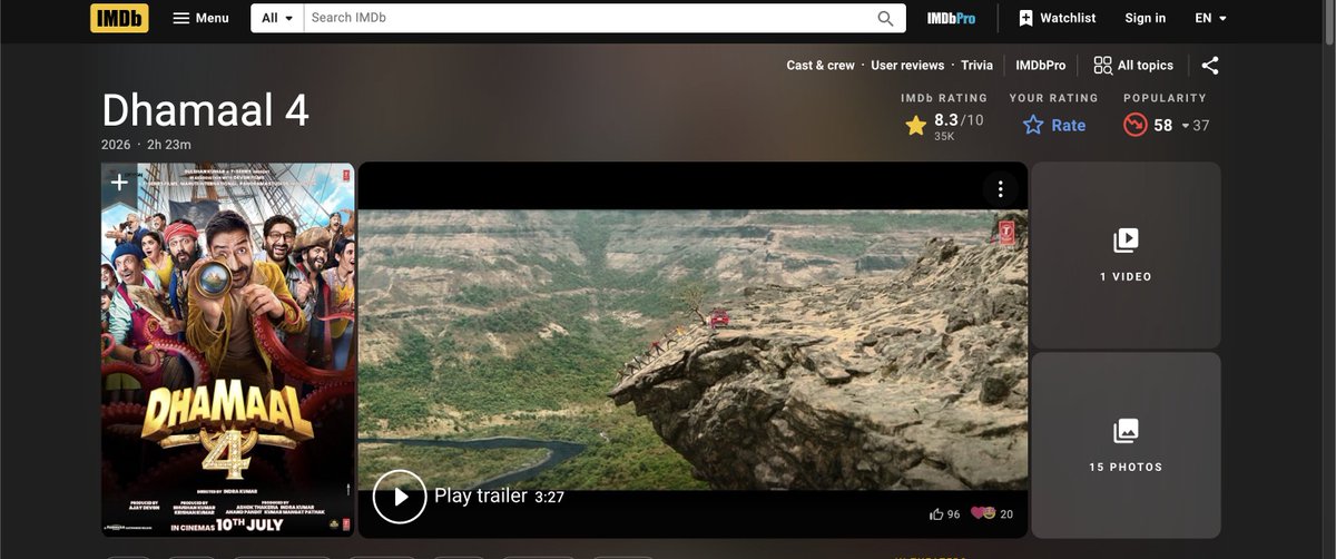 stupendousDubey's tweet photo. How can dhamaal 4 have an imdb rating of 8.3?? https://t.co/n4iMDzfC6C