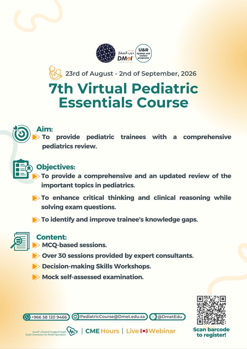 DmetEdu's tweet photo. The Pediatrics Essentials Course is back in its 7th version to help guide you through the most essential topics in pediatrics. Register now!

https://t.co/fvNuvplrYJ https://t.co/O2bTSF3WQ7