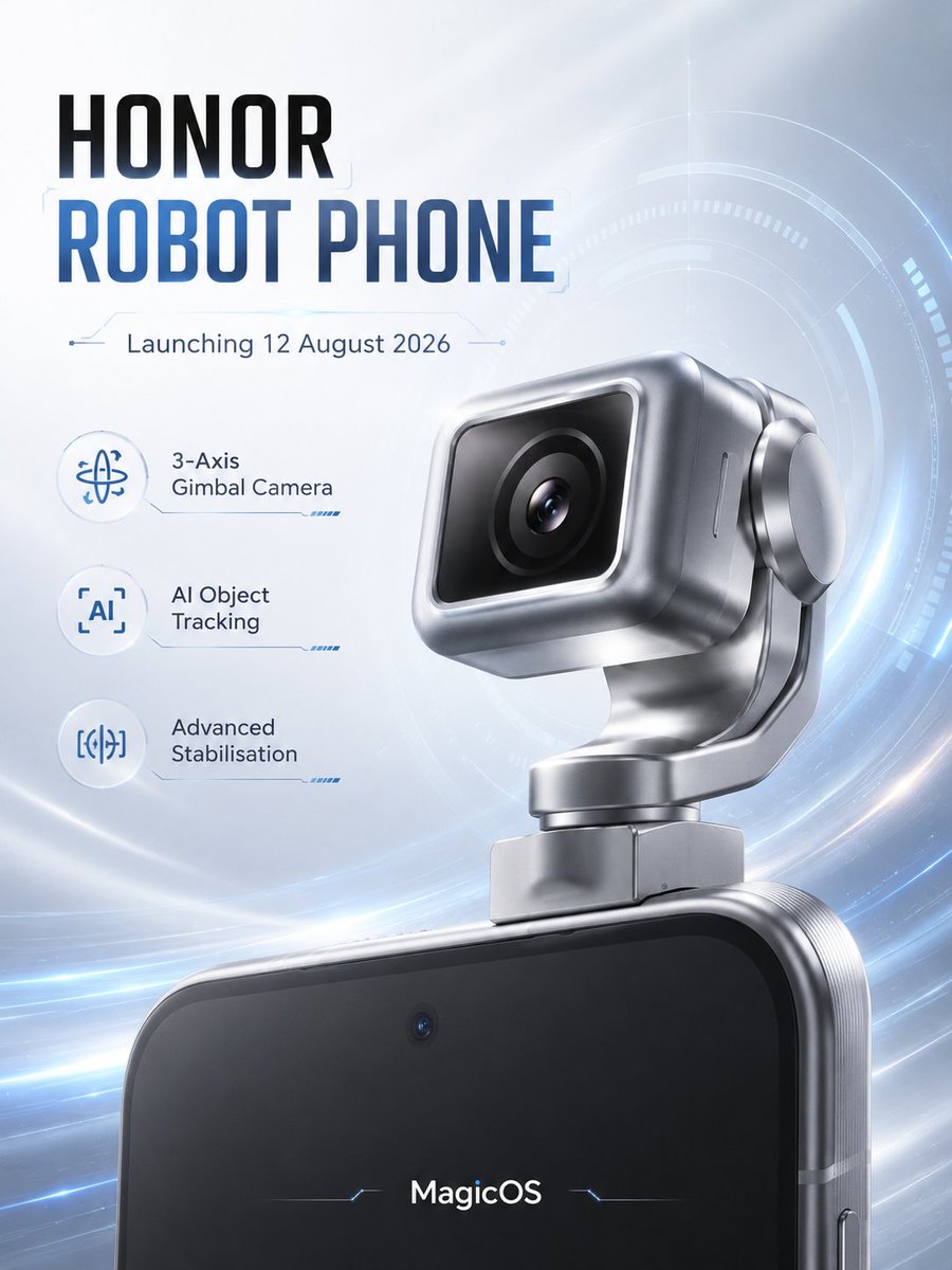xdstore69's tweet photo. Honor Robot Phone is officially set to launch on 12 August 2026, with its biggest highlight expected to be a 3-axis gimbal camera system featuring AI object tracking and enhanced image stabilisation. https://t.co/Pfe6ElFcbX