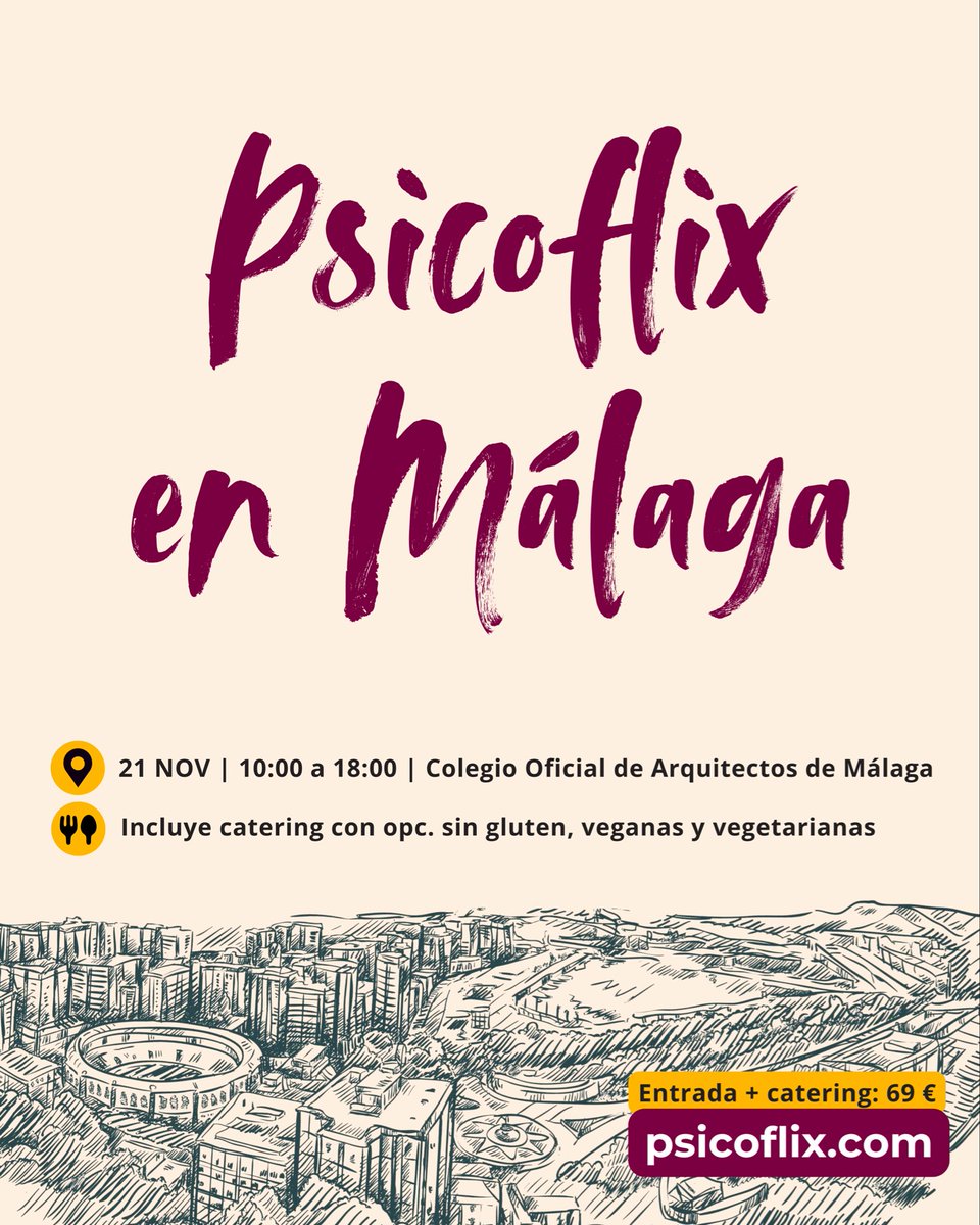 psicoflix's tweet photo. ¡MÁLAGA! Qué felices estamos de volver a organizar un evento presencial en nuestra tierra 😍

⏰ 21 de noviembre, 10:00 a 18:00h

📝 69€: entrada + catering 

✅ Entradas limitadas en https://t.co/itYKO9WRYm https://t.co/mVS3P5wZ2A