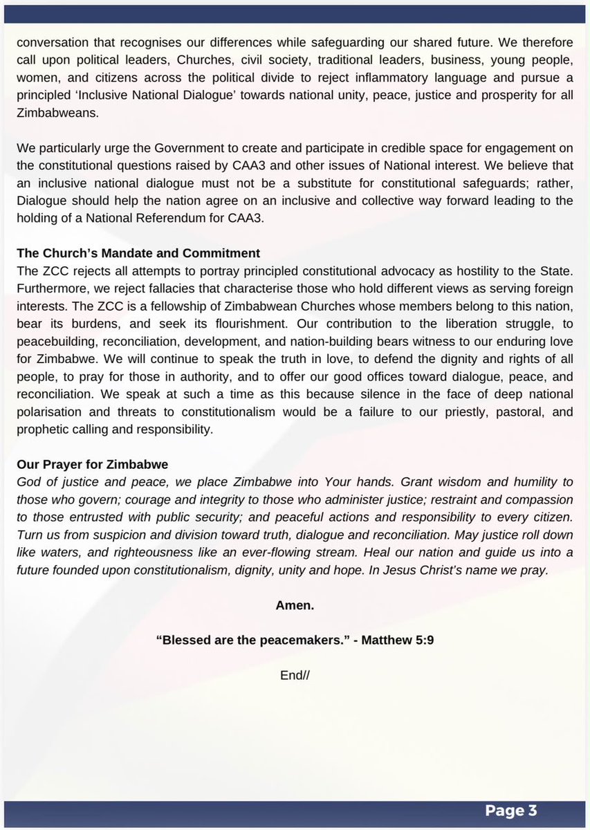DougColtart's tweet photo. Powerful prophetic word from the Zimbabwe Council of Churches @zccinzim reiterating the Church’s call for a referendum on #CAA3 and for the authorities to respect the people’s rights to peaceful protest and expression.🔥🙏🤲

P.S. for anyone confused by my use of the word “prophetic”: 
Biblically, prophecy is more often forth-telling (speaking God’s truth into the present moment often to those in power) than about fore-telling (predicting future events).