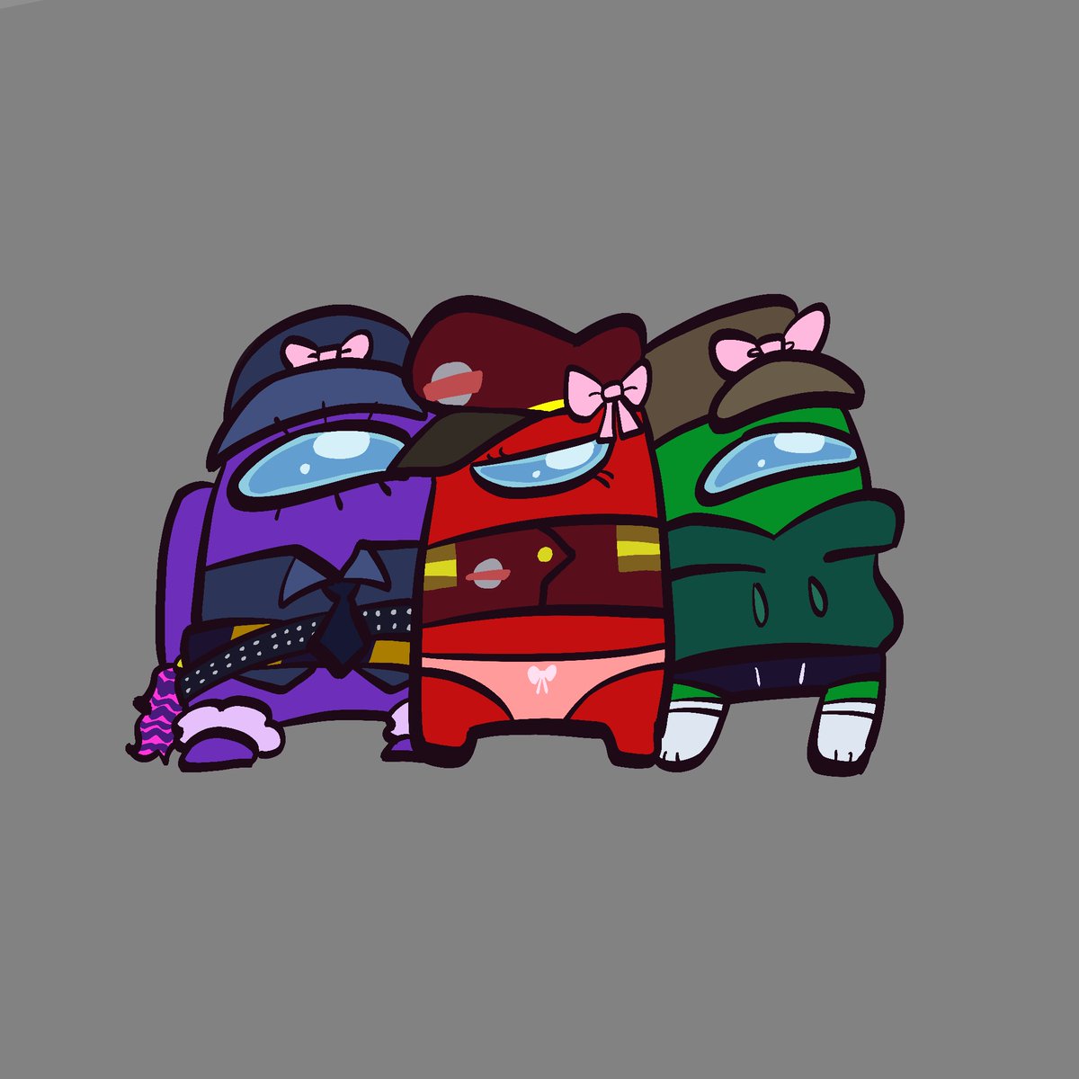 Duckismexico's tweet photo. I have to add lil pink bows on the last 3 among us beans cus I think it’s cute 🥹❤️🩹🌹🔥✨ (red talks to a wall about Mira being buttholes) #red #OC #amongustvshow #amongusshow #amongus #purple #green #pinkbow https://t.co/hqemzBtcNW