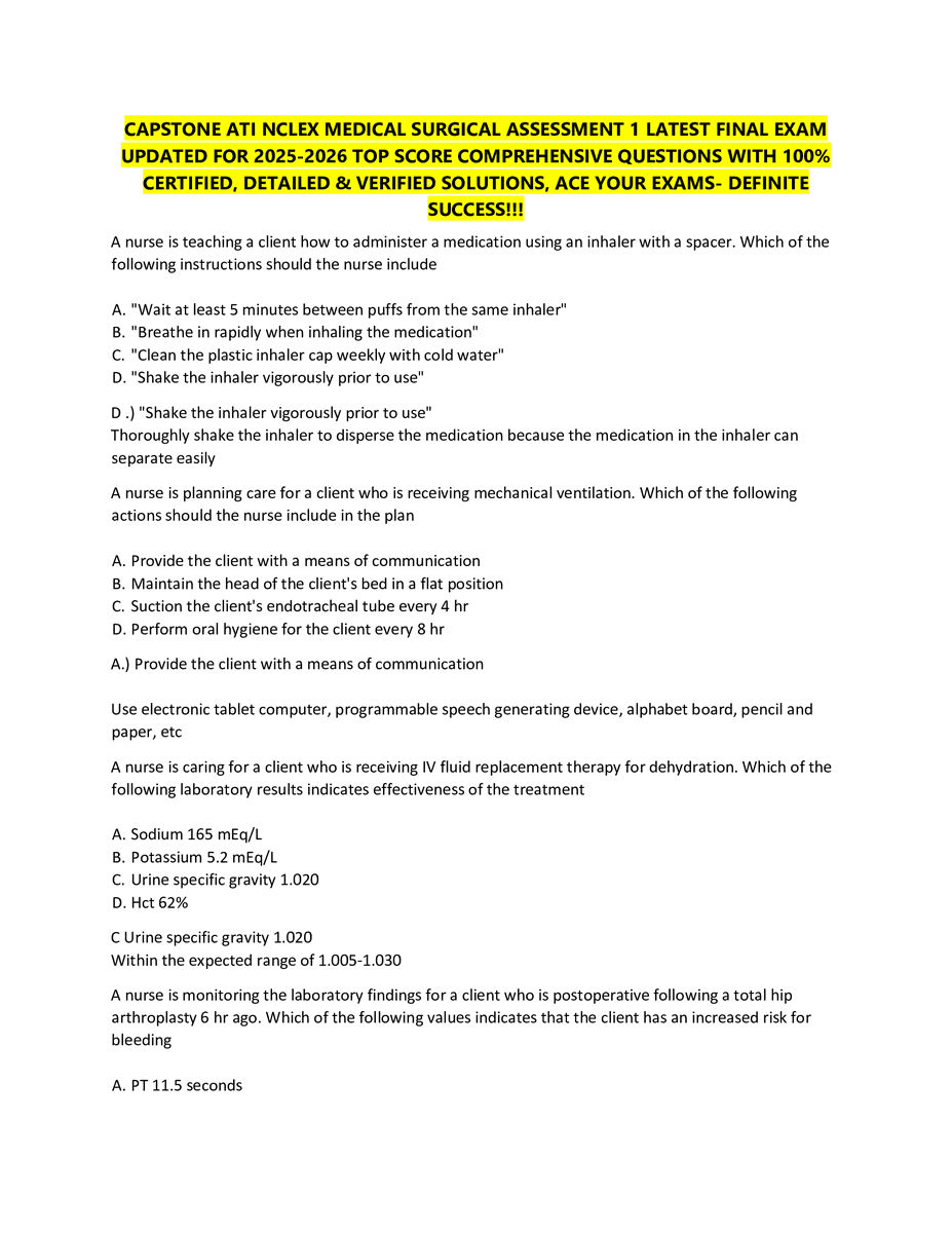 pasinggrades's tweet photo. CAPSTONE ATI NCLEX MEDICAL SURGICAL ASSESSMENT 1 LATEST FINAL EXAM UPDATED FOR 2026-2026 TOP SCORE COMPREHENSIVE QUESTIONS WITH 100% CERTIFIED, DETAILED &amp; VERIFIED SOLUTIONS, ACE YOUR EXAMS- DEFINITE SUCCESS!!! https://t.co/Q9mUNppdJe