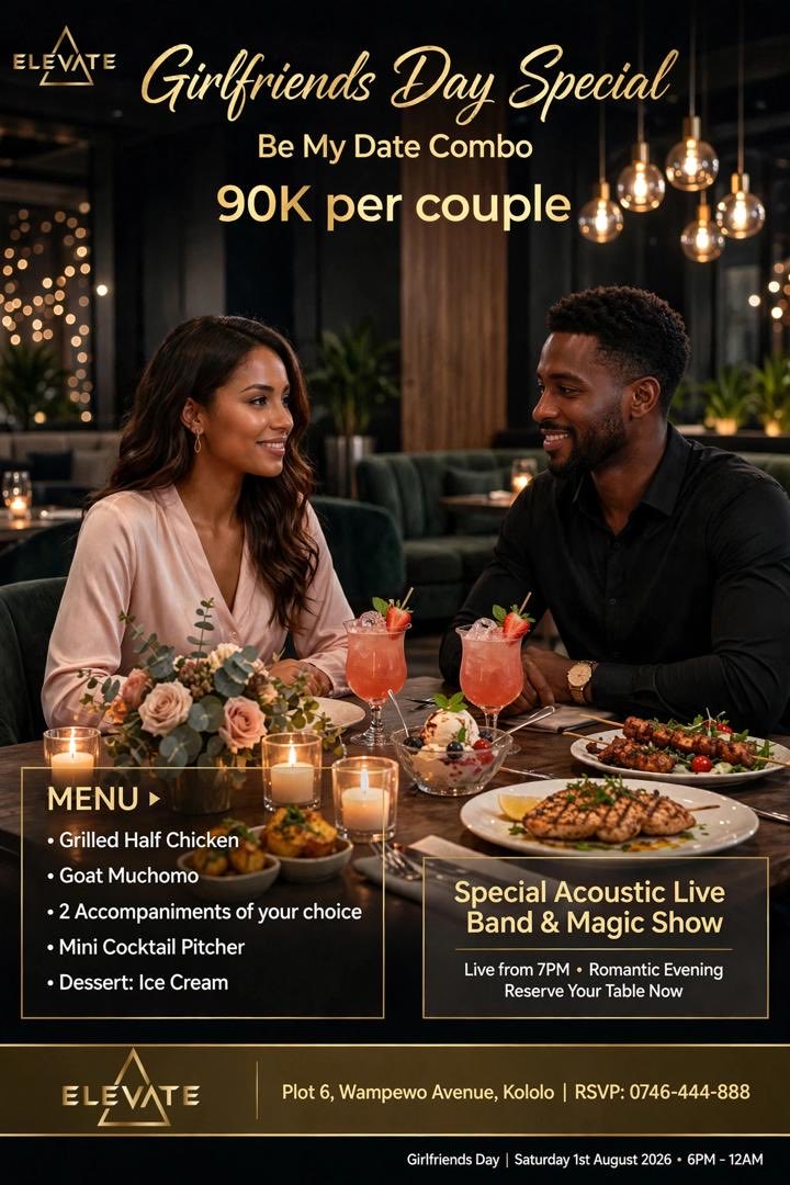 elevateloungeug's tweet photo. Be My Date Combo - 90K per couple
 •  Menu: Grilled Half Chicken, Goat Muchomo, 2 Accompaniments, Mini Cocktail Pitcher, Ice Cream
 •  Entertainment: Special Acoustic Live Band &amp; Magic Show
 •  Location: Plot 6, Wampewo Avenue, Kololo
 •  RSVP: 0746-444-888 https://t.co/AW7UY45zJT