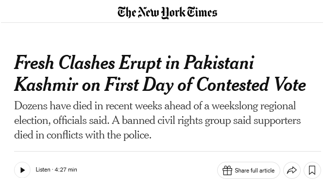sreemoytalukdar's tweet photo. Observe the art of @nytimes's gaslighting.
The strap says, "dozens have died in recent weeks ahead of a weekslong election".
As if people generally drop dead on their own like mosquitoes or flies. No trigger required.
Then it offers an obfuscation, suggesting that cops may have killed the protestors, but not before clarifying that the allegation of police violence came from a "banned civil rights group". So, less credible.
Also, "died in conflict with police". Social media is flooded with video clips of cops opening fire on unarmed people.

Take a bow, New York Times. 🫡