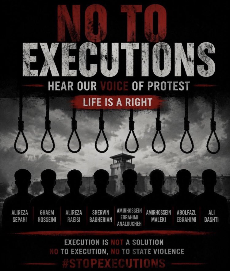 thishax1's tweet photo. 🚨Their lives are at risk.
Alireza Sepahi, Ghaem Hosseini, Alireza Raeisi, Shervin Bagherian, AmirHossein Ebrahimi Analoucheh, AmirHossein Maleki, Abolfazl Ebrahimi &amp; Ali Dashti need your voice.
#StopExecutions #HumanRights https://t.co/I3E8XBG1ay