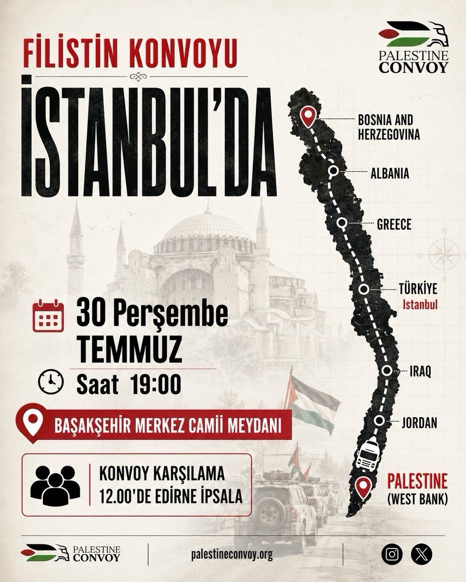 Akleden_Kalp's tweet photo. BU KEZ SADECE SÖZLER DEĞİL, ARAÇLAR YOLA ÇIKIYOR! 🇵🇸

Avrupa’nın dört bir yanından yüzlerce insan, Filistin için binlerce kilometrelik bir yolculuğa hazırlanıyor.

🌍 30’dan fazla ülke
🚗 500’den fazla katılımcı
🛣️ Yaklaşık 5.000 kilometrelik konvoy

Bu, yalnızca bir yolculuk değil…

Filistin’in unutulmadığını göstermek için atılan binlerce kilometrelik bir adım.

Konvoy, Filistin’in özgürlüğüne dikkat çekmek ve dünyanın gözlerini Filistin’e çevirmek amacıyla hazırlanıyor.

🇵🇸 Yollar uzun olabilir…
Ama Filistin’e giden yol, dünyanın vicdanından geçiyor.

📅 Başvurular 30 Temmuz’a kadar devam ediyor.

#FreePalestine #PalestineConvoy #Gazze #BatıŞeria #Filistin