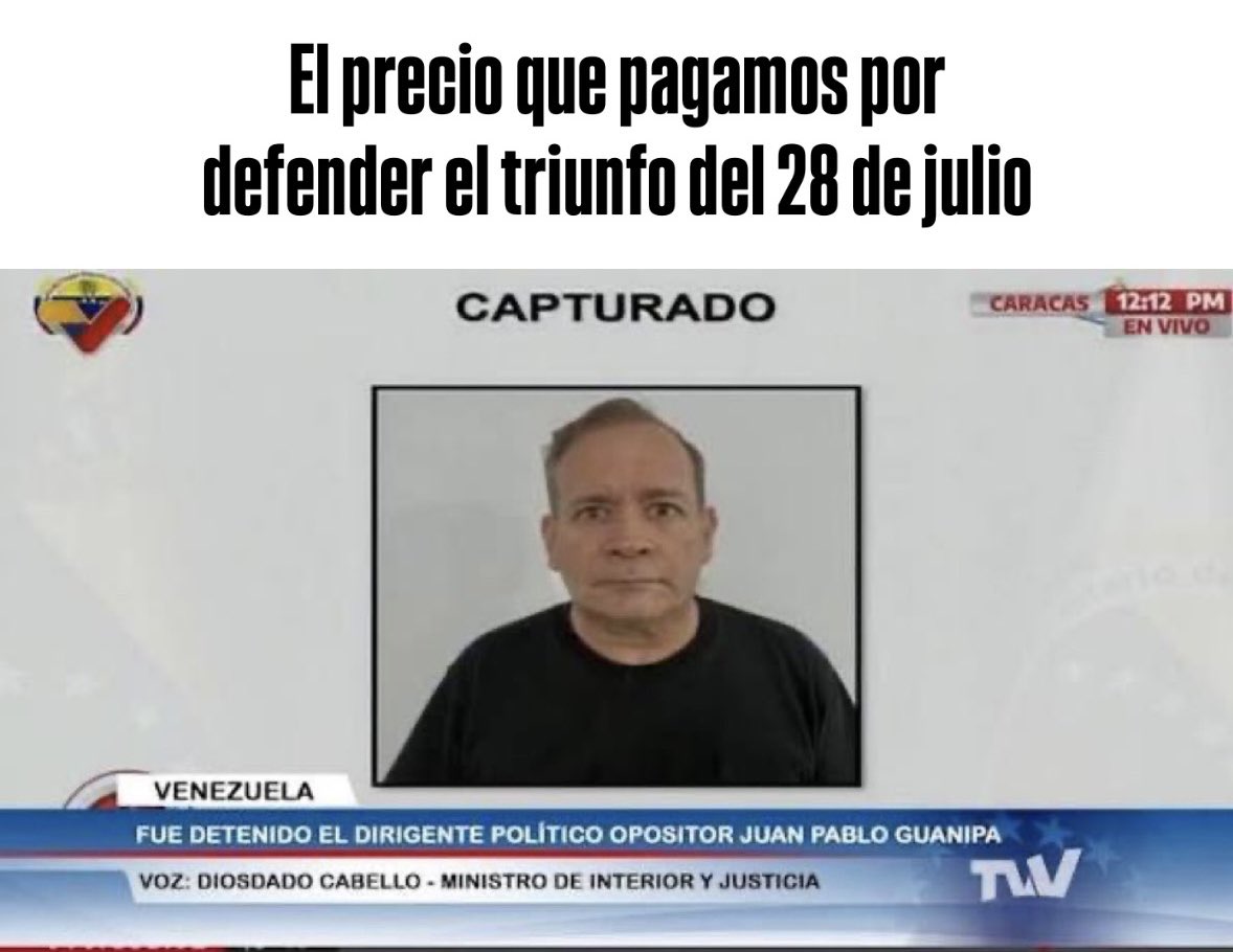 JuanPGuanipa's tweet photo. Miles de venezolanos fuimos secuestrados por defender la victoria de Edmundo González Urrutia el 28 de julio de 2024.

Lo llamaron Operación Tun Tun. Allanamientos sin orden judicial en la madrugada. Detenciones de manifestantes en las calles. Persecución casa por casa contra quienes defendieron los votos. Encarcelamiento de menores de edad. Familias enteras sin saber dónde estaban sus seres queridos.

Luchamos porque nunca vuelva a criminalizarse la disidencia política en nuestro país. Nunca más.

¡Viva Venezuela Libre!