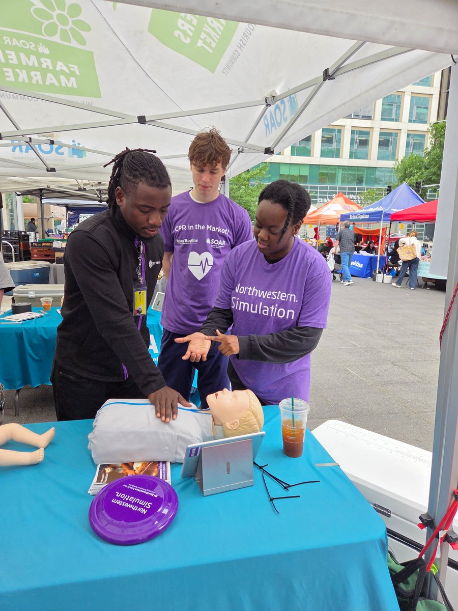 NorthwesternSim's tweet photo. Our team kicked off our 2026 community series today at the @mcachicago steps! 🏥

✨We loved trading our simulation lab for the SOAR farmer's market, teaching hands-only CPR to fellow Chicagoans and watching hesitation turn into confidence. Hands-only training is a powerful first step, but we encourage everyone to keep the momentum going and get fully certified! 📜❤️
#CPRSavesLives #PatientSafety #CPRCertification #Chicago