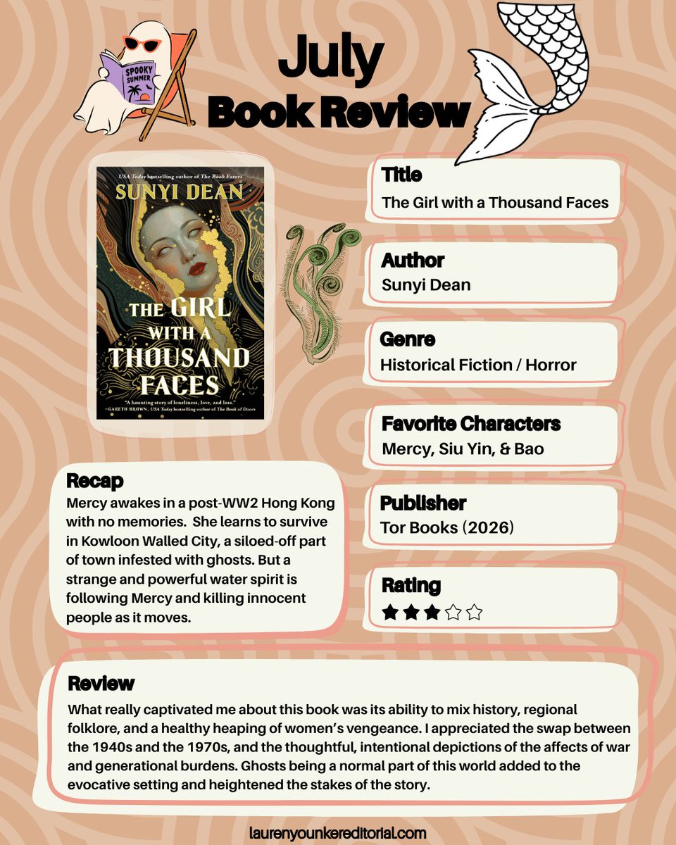 LYEditorial's tweet photo. This month's review is "The Girl with a Thousand Faces" by Sunyi Dean. 👻  Somewhat of a summerween book because...it's a bit spooky, it deals with water, and I read it in summer! #books #reading #summerreading https://t.co/4kytX3A3Lt