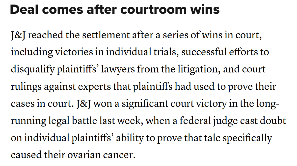zaruk's tweet photo. I don't get J&amp;J.
They had the Predatorts hanging, with a series of losses and no scientific evidence.
They won the talc extortion campaign.
They could have bankrupted the bastards given how leveraged they are to the litigation finance loan sharks.
Then they settled for $5 billion https://t.co/1byCrxWcx8