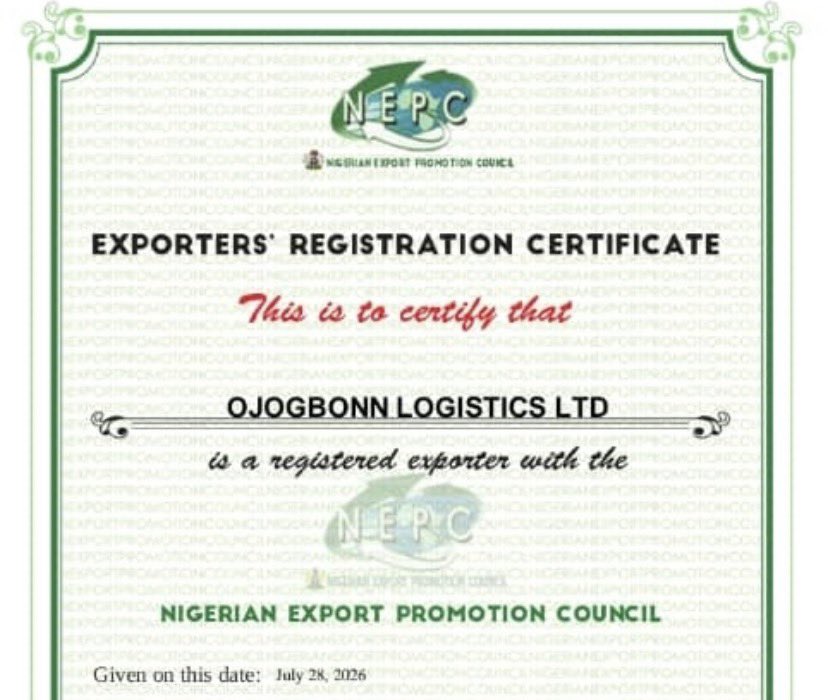 Ajayi_tweets's tweet photo. I am glad and proud that Ojogbonn Logistics Limited is now registered with the Nigerian Export Promotion Council. 🦅 https://t.co/8csXsevdWF
