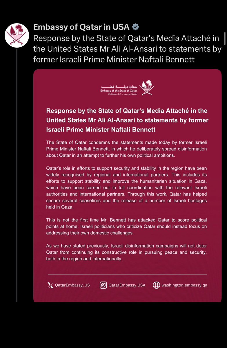 HenMazzig's tweet photo. Former Israeli PM @NaftaliBennett said Qatar should be declared an enemy of Israel for being a leading financier of Islamist terrorism. Now, Qatar has released a statement saying they are very upset.

Hey, remember that video from last week where a woman said Israelis are "colonizing" the world? Who said we have violence in our DNA? That Nazi propaganda line… like Hamas, they were also funded by Qatar’s propaganda arm.

Qatar, if you're going to get upset at claims you fund terrorism and antisemitic ideology, maybe don't fund those things in the first place? Instead of being upset a brave Israeli politician is taking a stand against it.