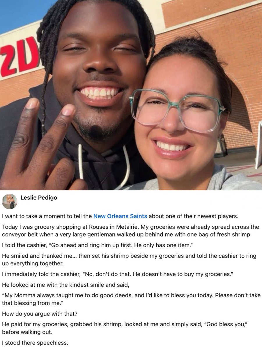 Schultz_Report's tweet photo. I love this: #Saints rookie DT Christen Miller paid for the groceries of a woman who allowed him to go ahead of her in line.

Miller told her: “My momma always taught me to do good deeds, and I’d like to bless you today. Please don’t take that blessing from me.” 

🙏❤️🙏 https://t.co/ffecRf1kg8