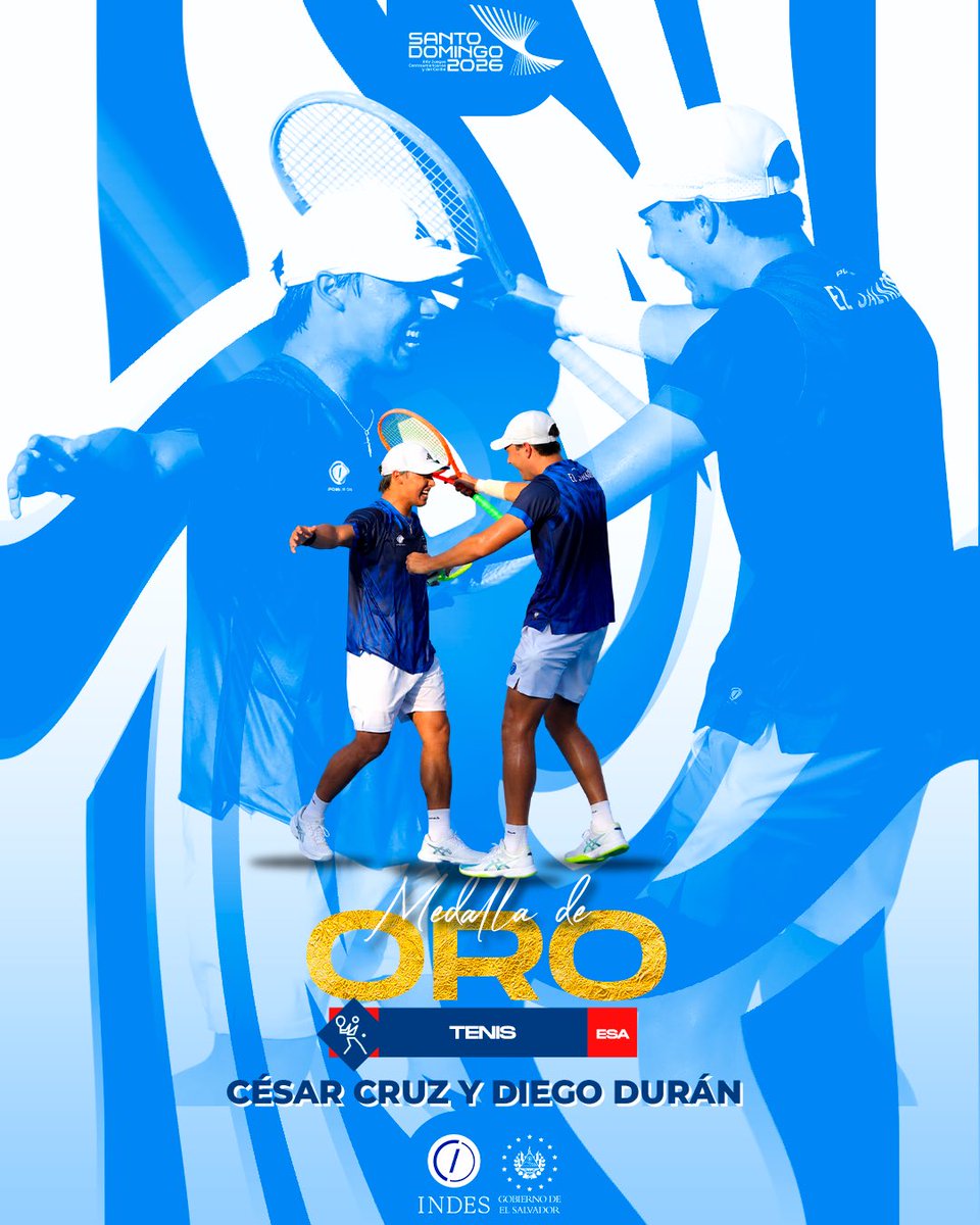 indeselsalvador's tweet photo. 🥇🎾 ¡EL CUARTO ORO PARA EL SALVADOR! 🇸🇻

César Cruz y Diego Durán conquistaron la medalla de oro en el doble masculino del tenis de los Juegos Centroamericanos y del Caribe Santo Domingo 2026. 🔥

¡Un triunfo histórico que le da al tenis salvadoreño su primer oro en la historia de esta justa regional! 💙🤍

#SantoDomingo2026 #ConstruyendoElCamino