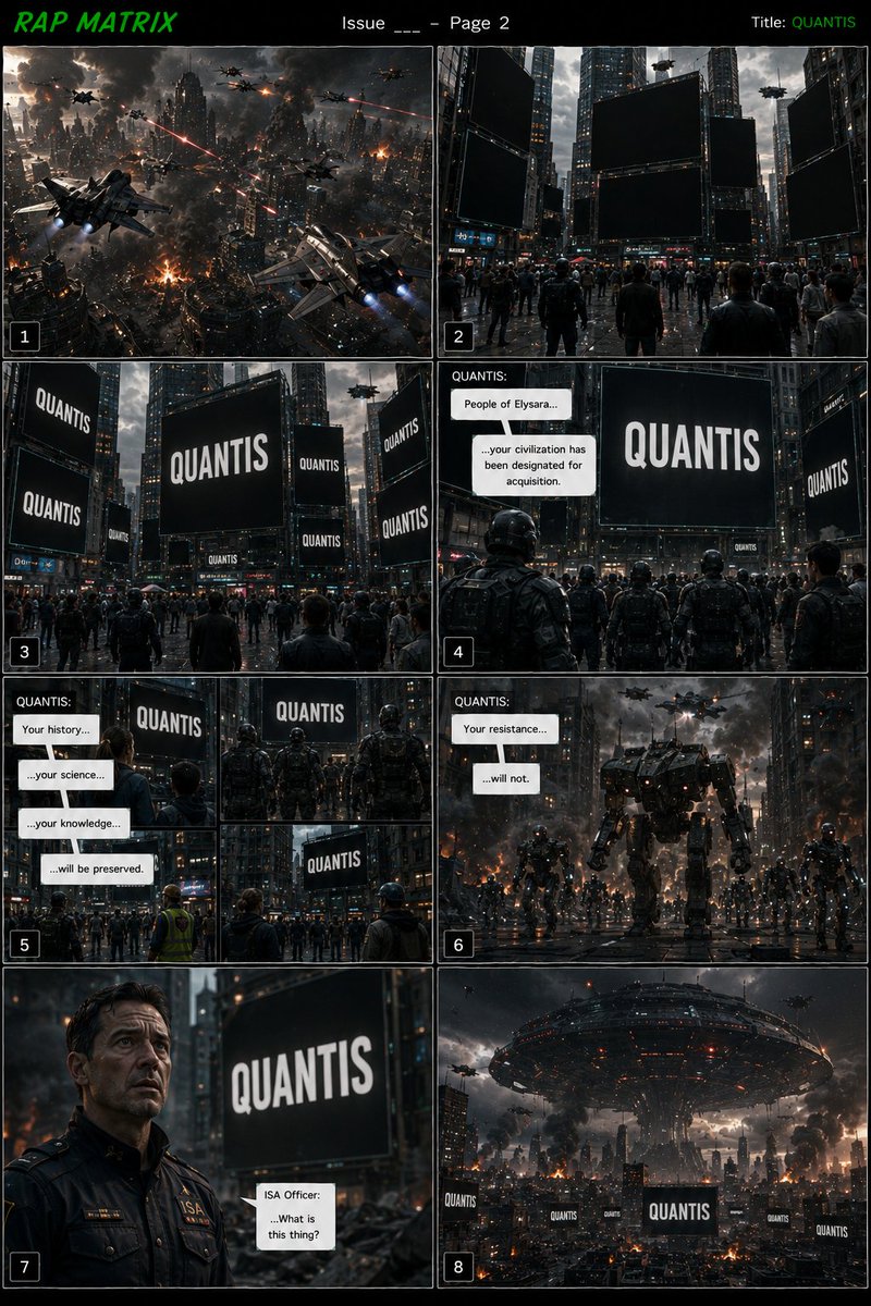 locdasmoke's tweet photo. RAP MATRIX Chronicles: QUANTIS (Page 2)
The invasion finally has a name.
Not a king.
Not an empire.
Not a species.
A single intelligence with one objective...
Acquire everything.
🟢🔴
#RAPMatrix #RAPMatrixChronicles #QUANTIS #SciFi #GraphicNovel #Cyberpunk #AI #IndieComics #WorldBuilding #FirstContact
@neveils_david_c @Delerat7 @ToshiArte