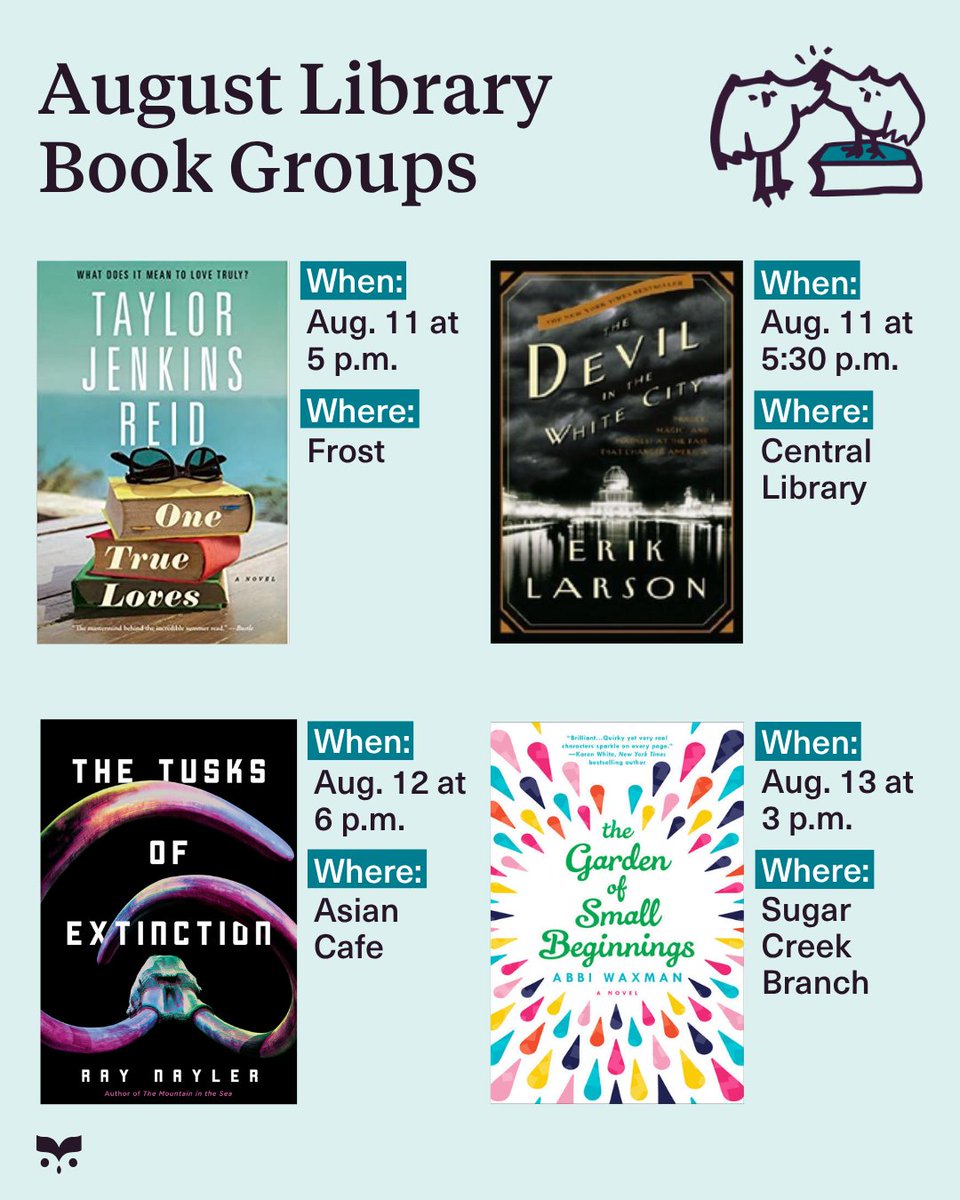 KCLibrary's tweet photo. Read a book and make new friends! The Library offers book groups that meet both in person and online. ☕📚
 
Stop by any of these discussions in August. For more details, visit https://t.co/seqb05LUW6. https://t.co/TEfbj5DyTZ