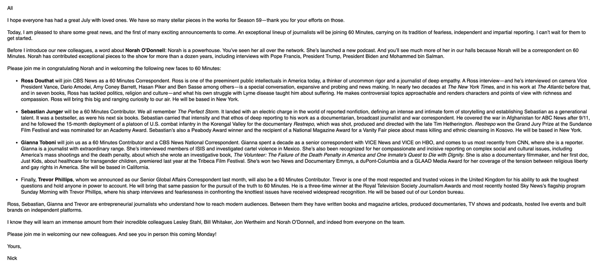 BenMullin's tweet photo. NEWS: CBS News is announcing a new spate of hires, including Ross Douthat from The New York Times. Notes from Nick Bilton and NYT Opinion Editor Katie Kingsbury https://t.co/SKHEiSCXXH