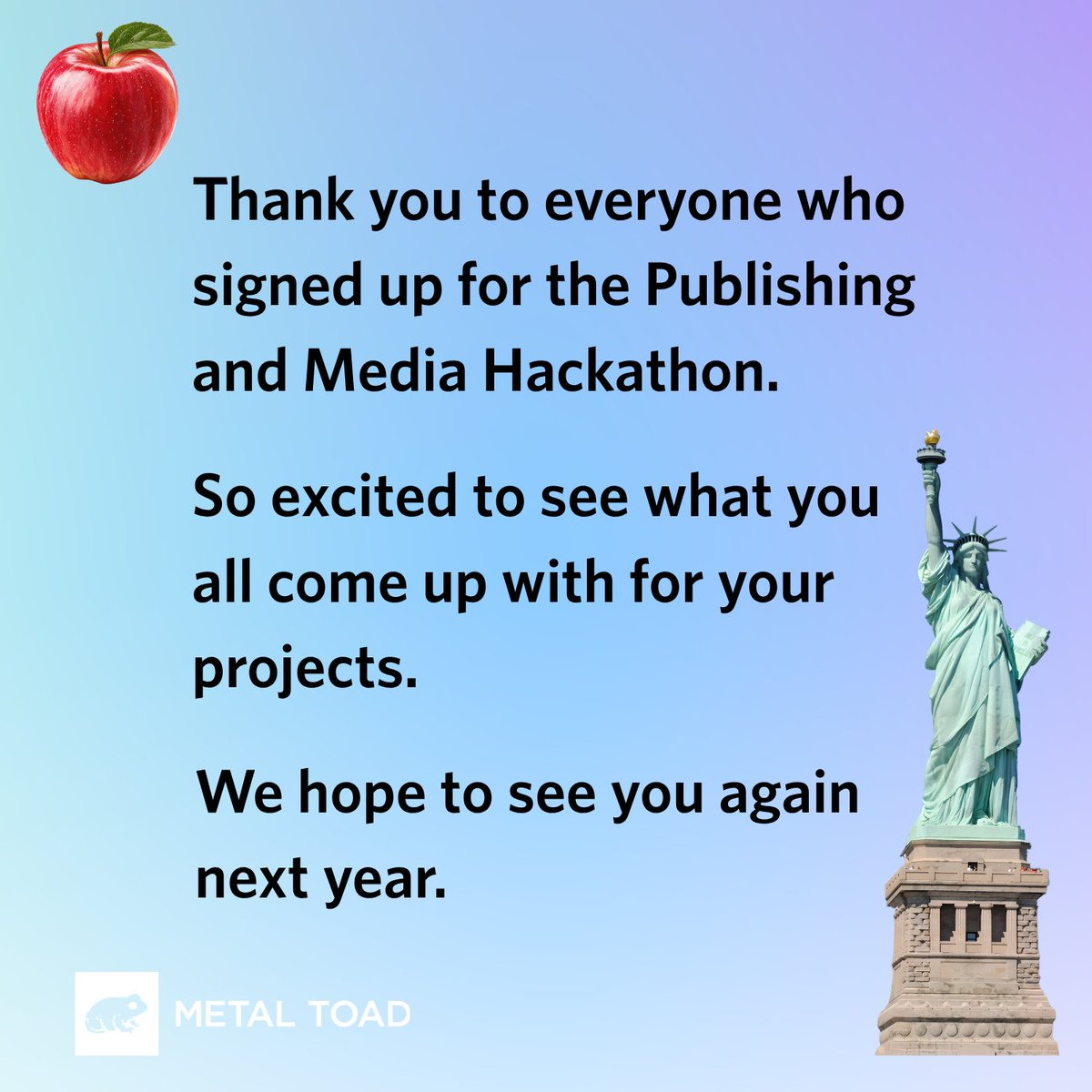 metaltoad's tweet photo. Thank you to everyone that is participating in the first Publishing and Media Hackathon. We hope to see you again next year! 🍎🚕🗽

#aws #awsgenai #awspartner #newyork #ncy #newyorkcity https://t.co/Ccbo7g3c9y