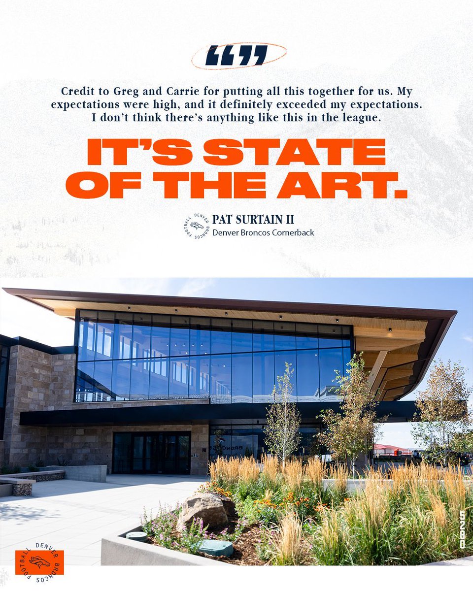 Broncos's tweet photo. Our new 🏡's state of the art. 👏

@PatSurtainll &amp; Quinn Meinerz react to the investment from Owners Greg Penner &amp; Carrie Walton Penner in the new Broncos Park Powered by CommonSpirit: https://t.co/NtholMW7gH