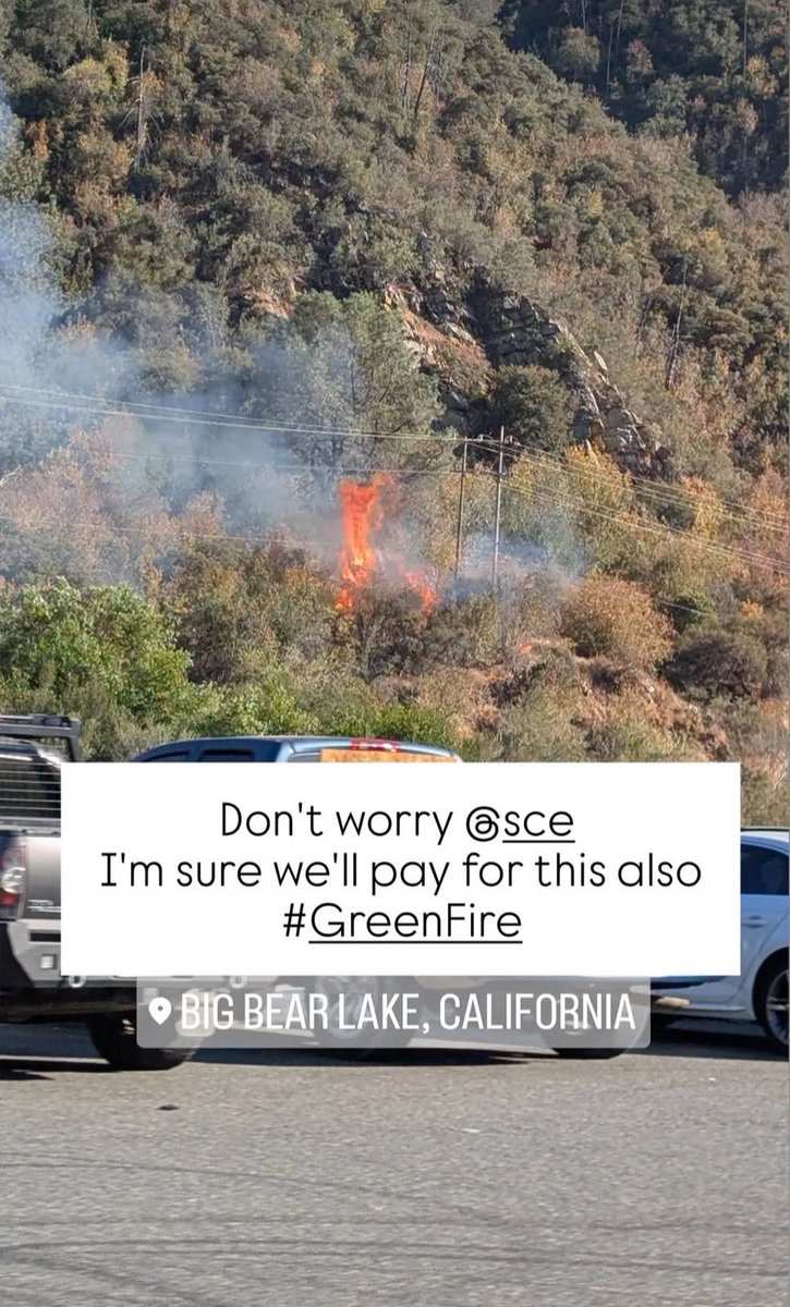 DanielFireTruck's tweet photo. The #GreenFire is holding at 33 acres, unknown Containment, Ground Crews will be working to get a line around the Fire today.
And it was also brought to my attention that someone on instagram caught the Green Fire starting under Powerlines with thick Vegetation around it. https://t.co/7N6gN2ZckG
