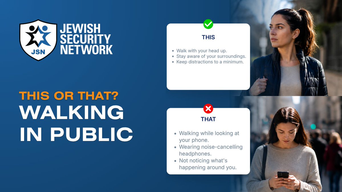 JSNSecurity's tweet photo. Stay aware. Stay safe.

Keep your head up, limit distractions and pay attention to your surroundings. Awareness is one of your strongest layers of protection.

What's your go-to personal safety habit? https://t.co/bNdn9VgJdE