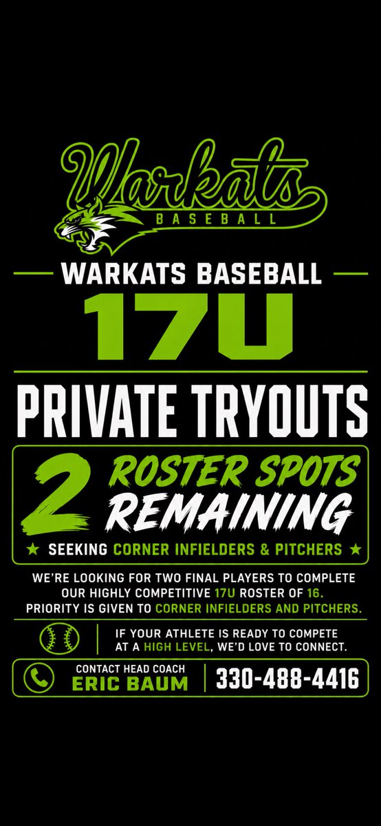 Ebaum34's tweet photo. The Warehouse Warkats 17U-Baum are looking to fill our final two roster spots to complete our 16-player roster (including POs) for the 2027 season.

We’re looking for competitive athletes who want to play high-level baseball and continue developing their game.

Priority positions:
⚾ Corner Infielders (1B/3B)
⚾ Pitchers

Contact me at 330-488-4416