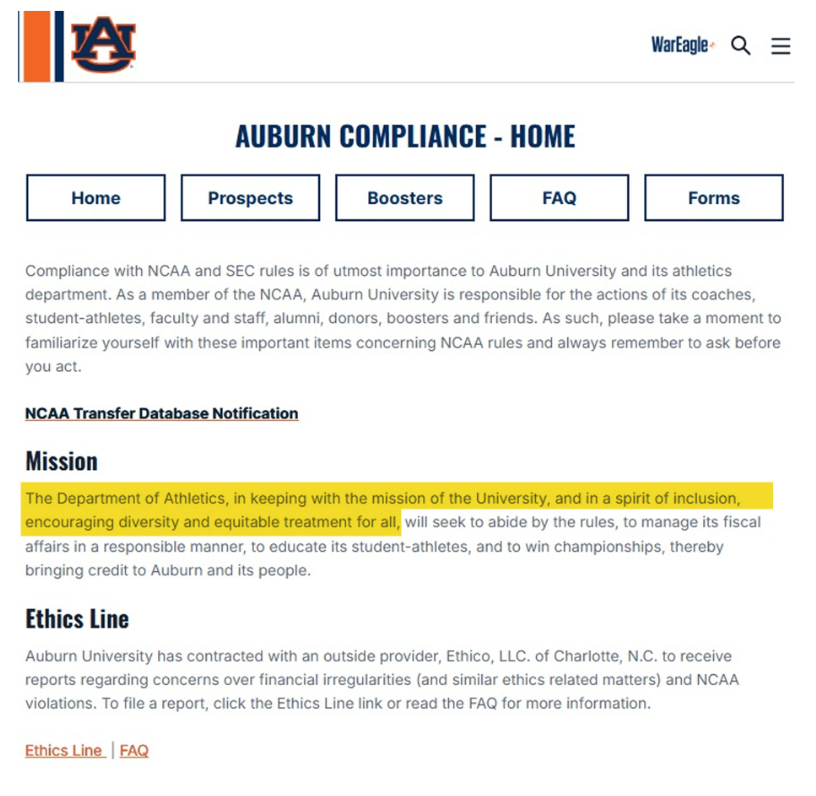 libsoftiktok's tweet photo. Auburn University(@AuburnU) in Alabama has a mission statement for its athletics program focused on DEI.

"The Department of Athletics, in keeping with the mission of the University, and in a spirit of inclusion, encouraging diversity and equitable treatment for all..."

This is a violation of Alabama law.

Cc @AGSteveMarshall