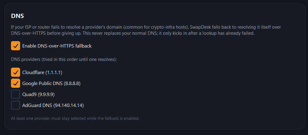 Swap_Desk's tweet photo. SwapDesk Alpha Progress Update
Just finished connecting the DNS settings GUI to the backend. Users can now configure DNS-over-HTTPS fallback providers directly from the application.
Supported providers:
Cloudflare
Google Public DNS
Quad9
AdGuard DNS
#SwapDesk #OpenSource https://t.co/6T7EA9NZSD