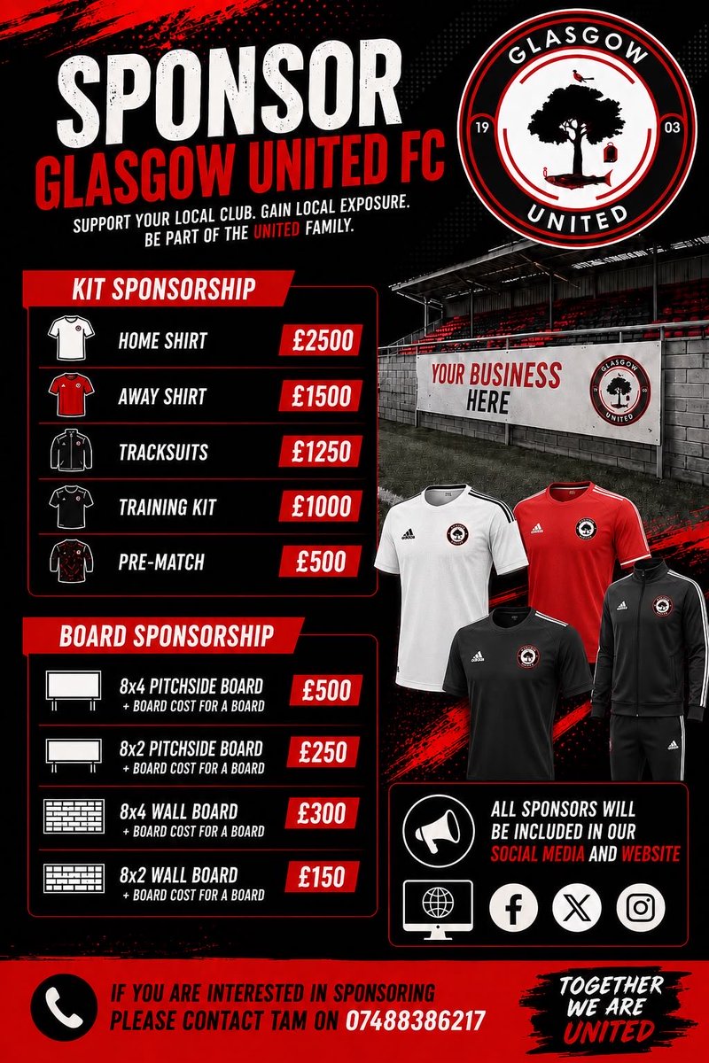 glasgowutdfc's tweet photo. SPONSOR GUFC ⚪️🔴⚫️

We have a list of sponsor opportunities for season 26/27. Please see below the list and prices 😁

Any interested parties please contact us directly. 

#GUFC #Sponsor #community https://t.co/Ry6AWdyD2e