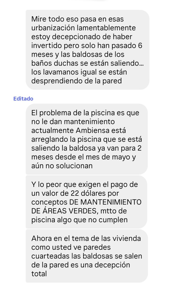 EmergenciasEc's tweet photo. #DenunciaCiudadana
En la Urbanización PS5 de Ambiensa, propietarios se decepcionan de haber invertido su dinero en esas casas, ya que en menos de 6 meses las baldosas de los baños se están desprendiendo, a las piscinas no les dan mantenimiento, están llenas de moho.
Pero mensualmente les exigen el pago de $22 para el mantenimiento de piscinas y áreas verdes, cosa que no cumplen.