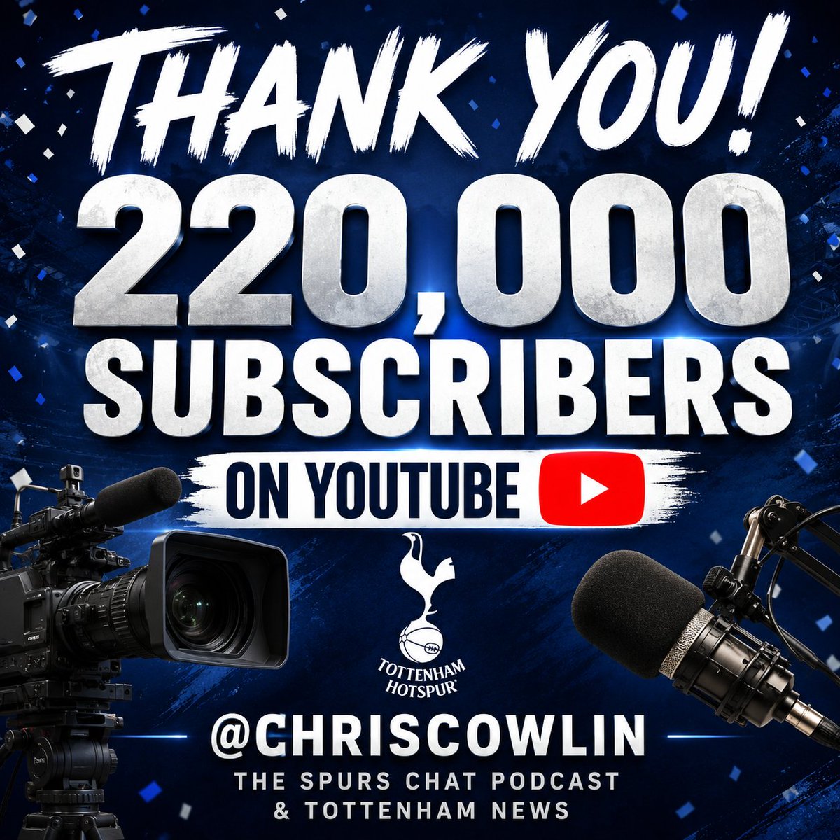 ChrisCowlin's tweet photo. Thank you! Just reached 220,000 subscribers on YouTube! And 227 million views. Unbelievable numbers. Thank you for watching and listening! 💙 

https://t.co/Cc9CIkXh3u

#COYS #THFC https://t.co/YNmjSLg64q